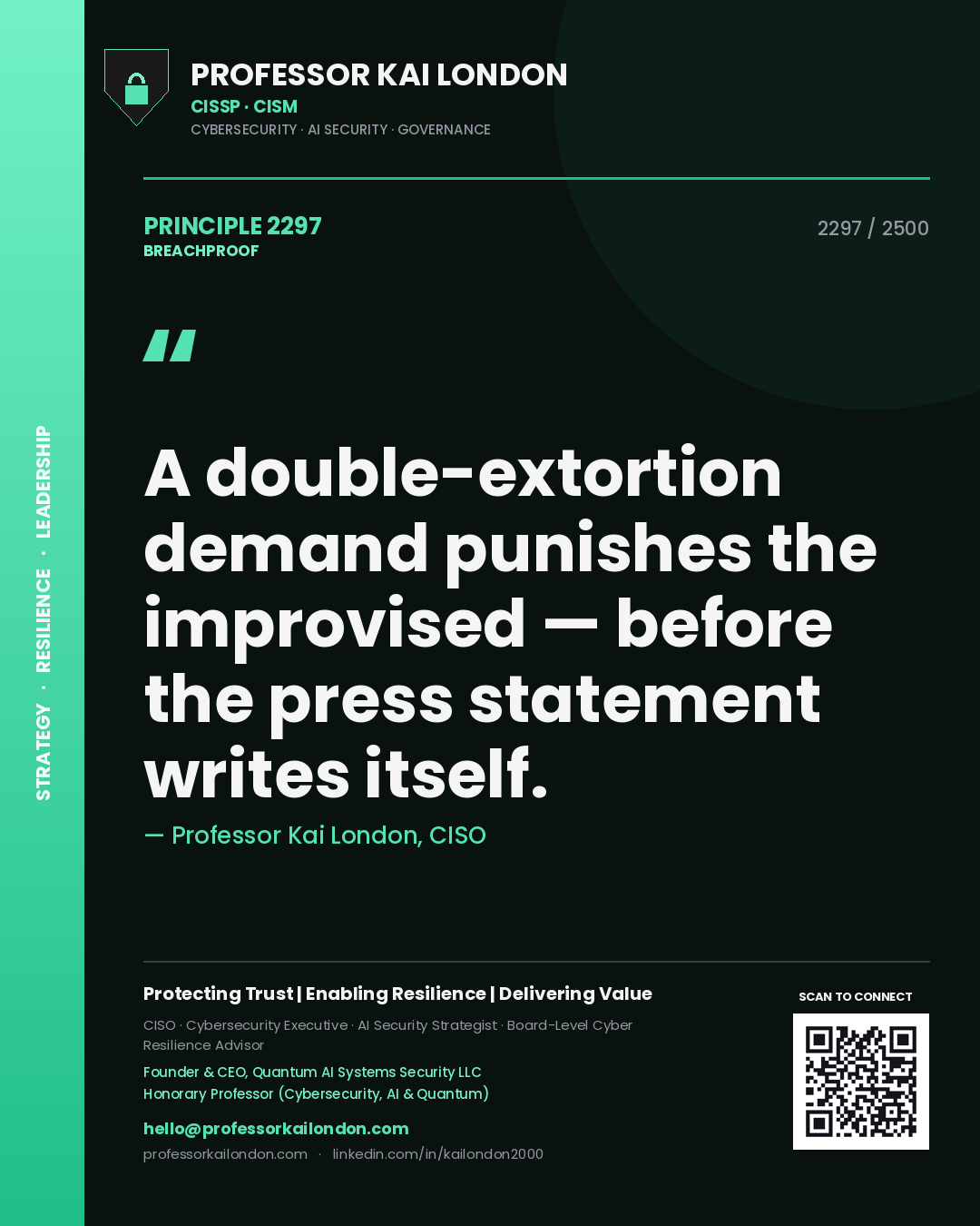 Quote card by Professor Kai London reading 'A double-extortion demand punishes the improvised — before the press statement writes itself.'. From the book Breachproof.