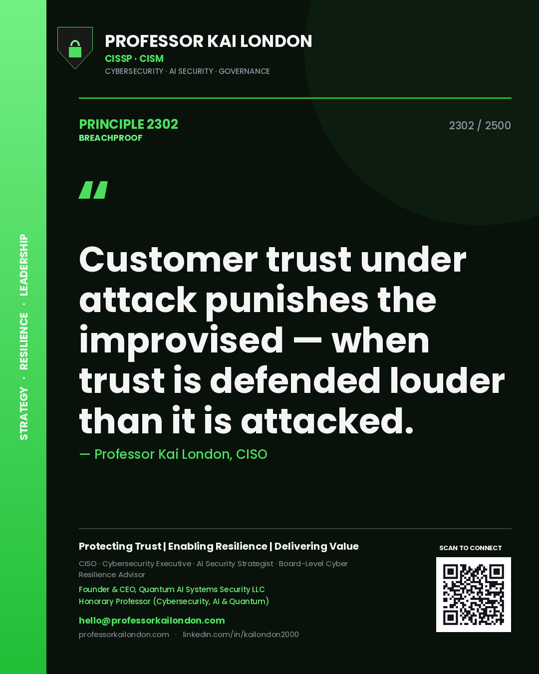 Quote card by Professor Kai London reading 'Customer trust under attack punishes the improvised — when trust is defended louder than it is attacked.'. From the book Breachproof.