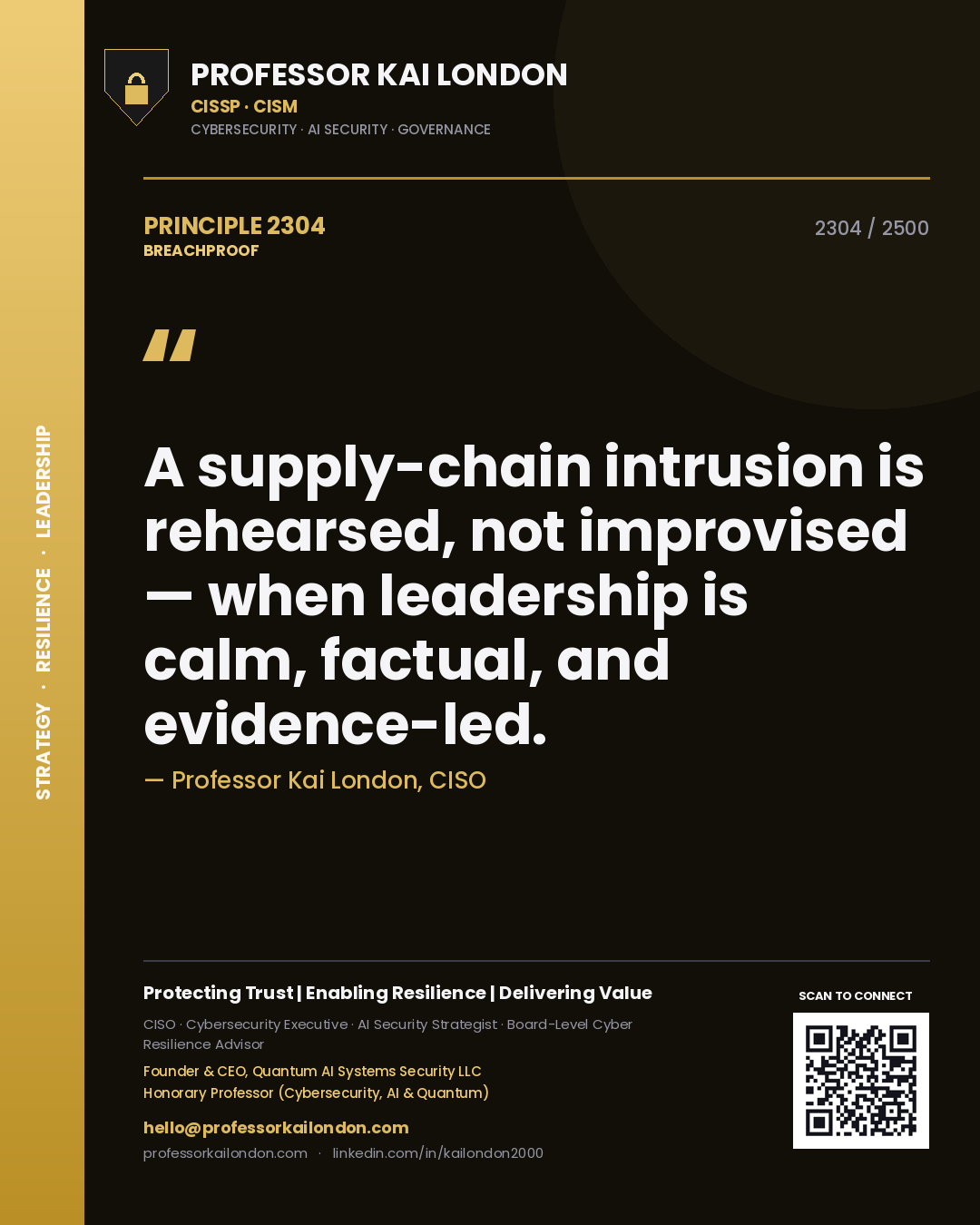 Professor Kai London principle 2304: A supply-chain intrusion is rehearsed, not improvised — when leadership is calm, factual, and evidence-led.