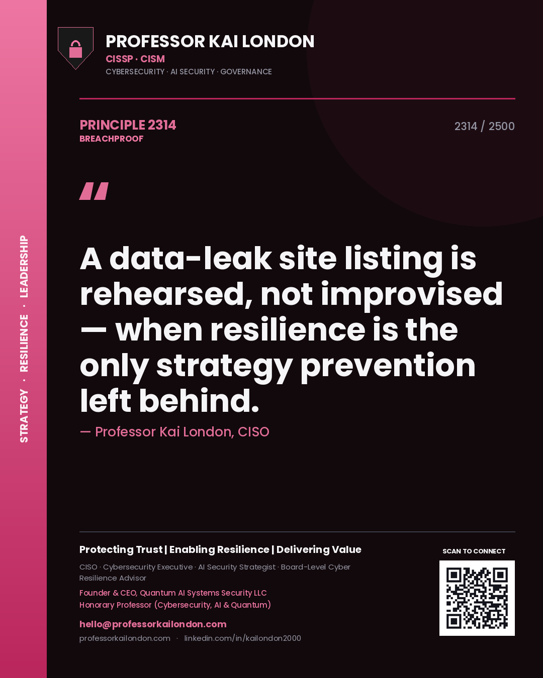 Professor Kai London principle 2314: A data-leak site listing is rehearsed, not improvised — when resilience is the only strategy prevention left behind.