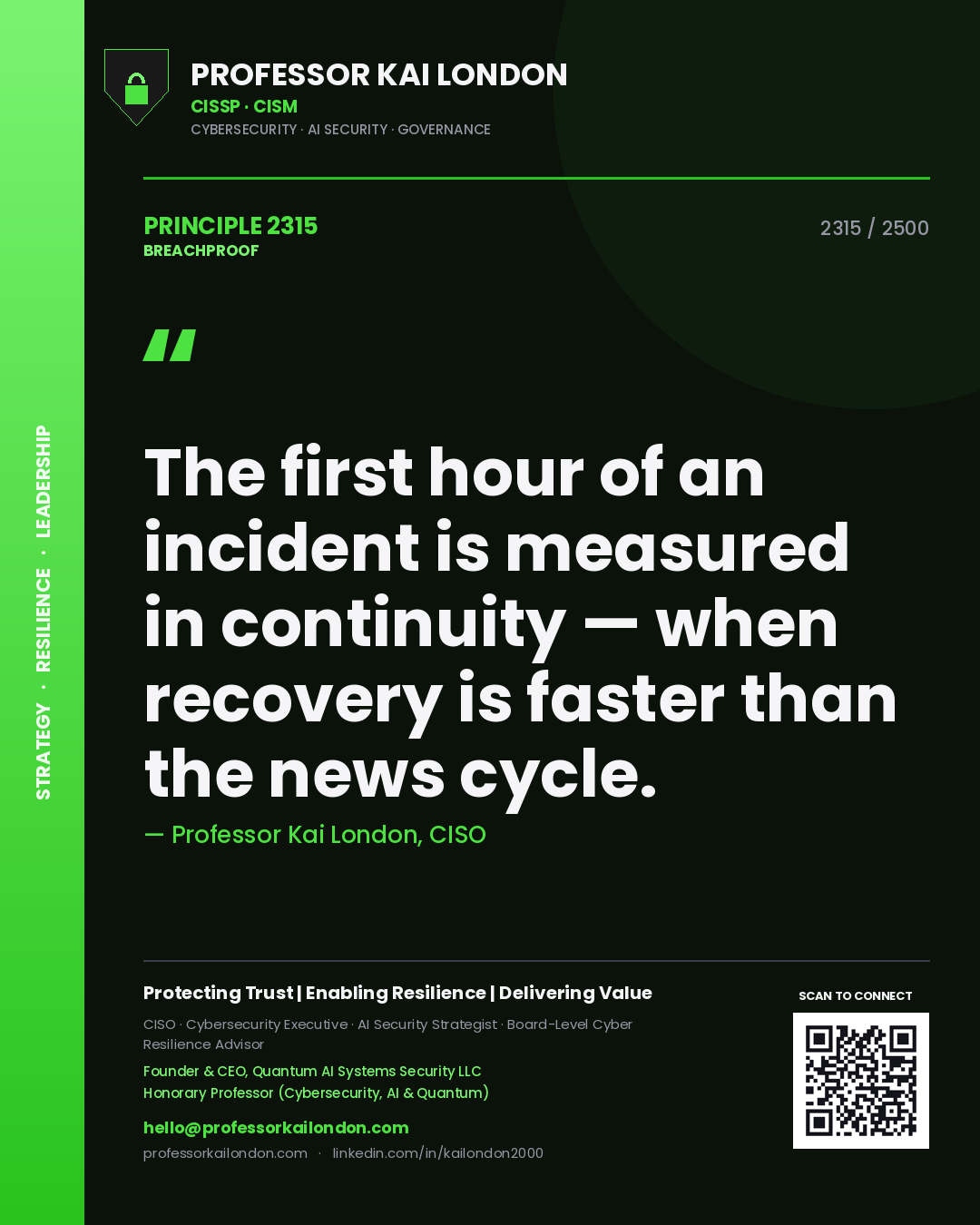 Professor Kai London principle 2315: The first hour of an incident is measured in continuity — when recovery is faster than the news cycle.