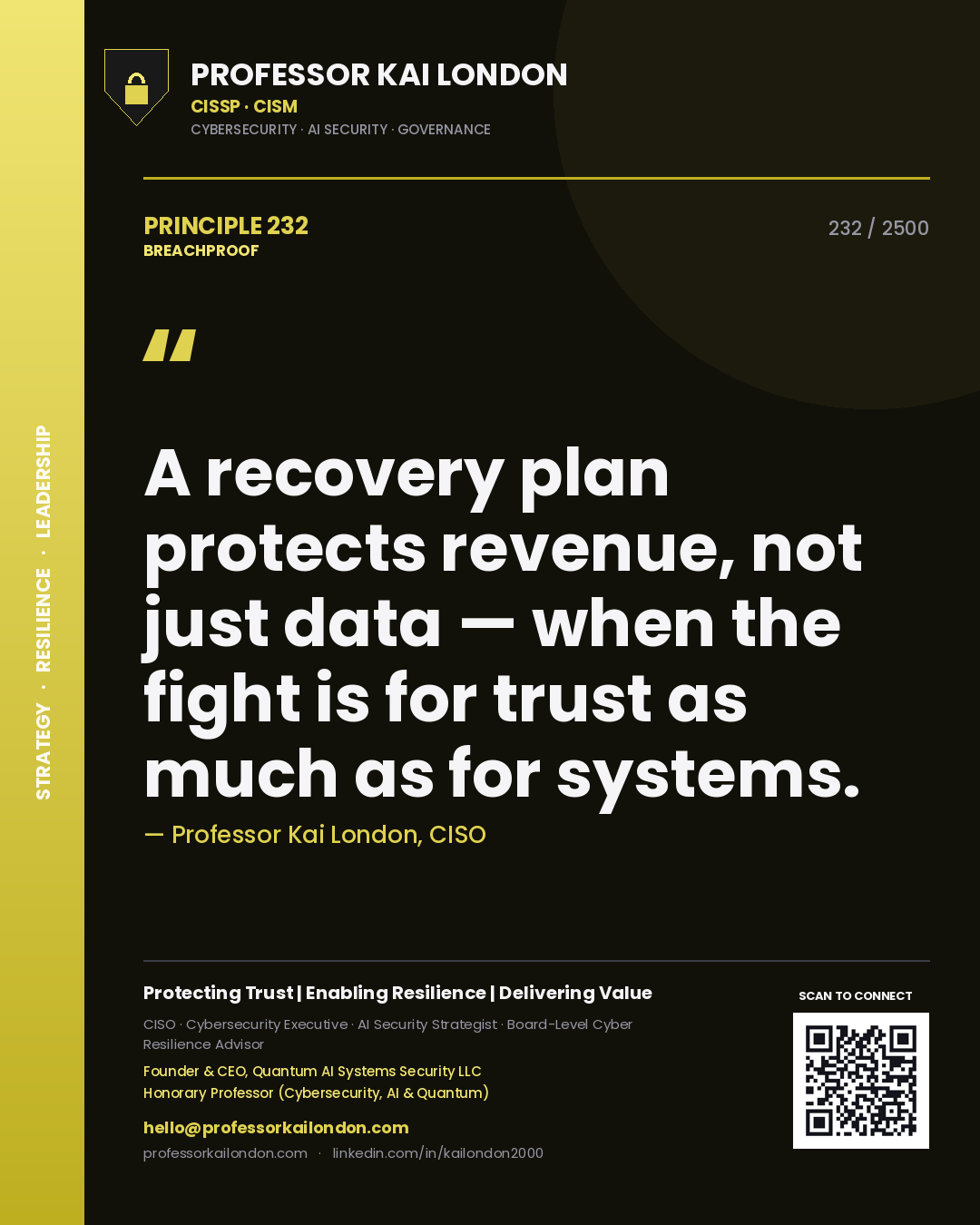 Quote card by Professor Kai London reading 'A recovery plan protects revenue, not just data — when the fight is for trust as much as for systems.'. From the book Breachproof.