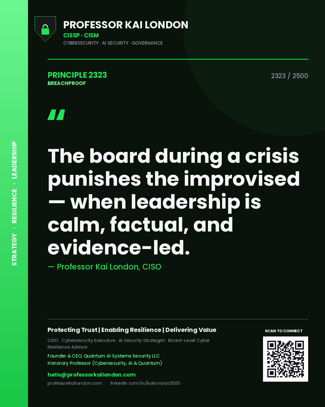Quote card by Professor Kai London reading 'The board during a crisis punishes the improvised — when leadership is calm, factual, and evidence-led.'. From the book Breachproof.