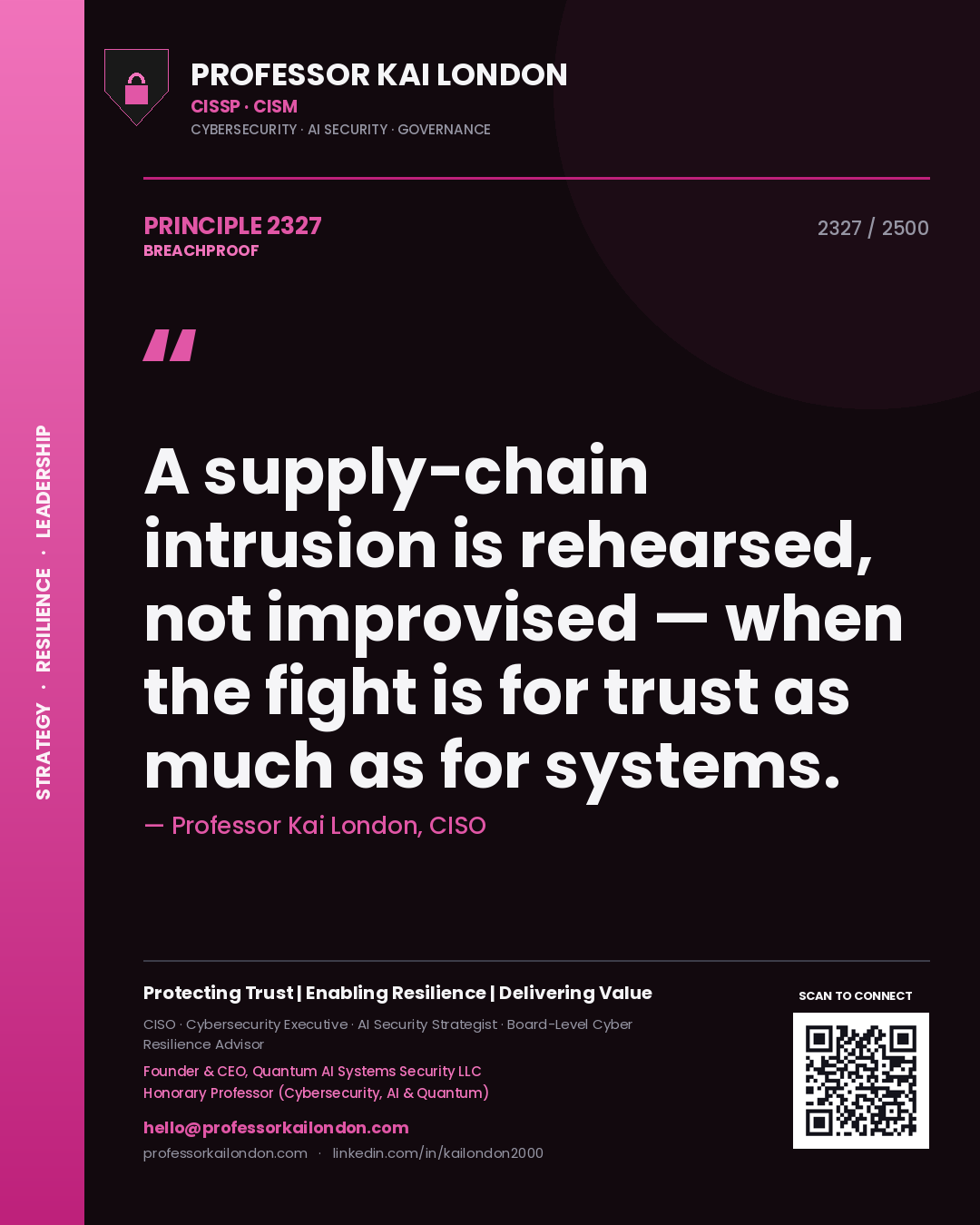 Professor Kai London principle 2327: A supply-chain intrusion is rehearsed, not improvised — when the fight is for trust as much as for systems.