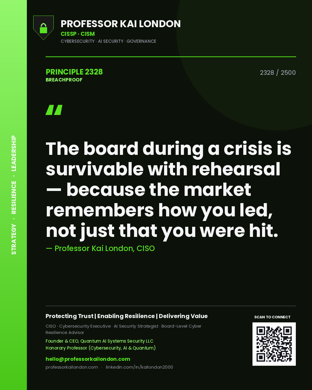Professor Kai London principle 2328: The board during a crisis is survivable with rehearsal — because the market remembers how you led, not just that you were hit.