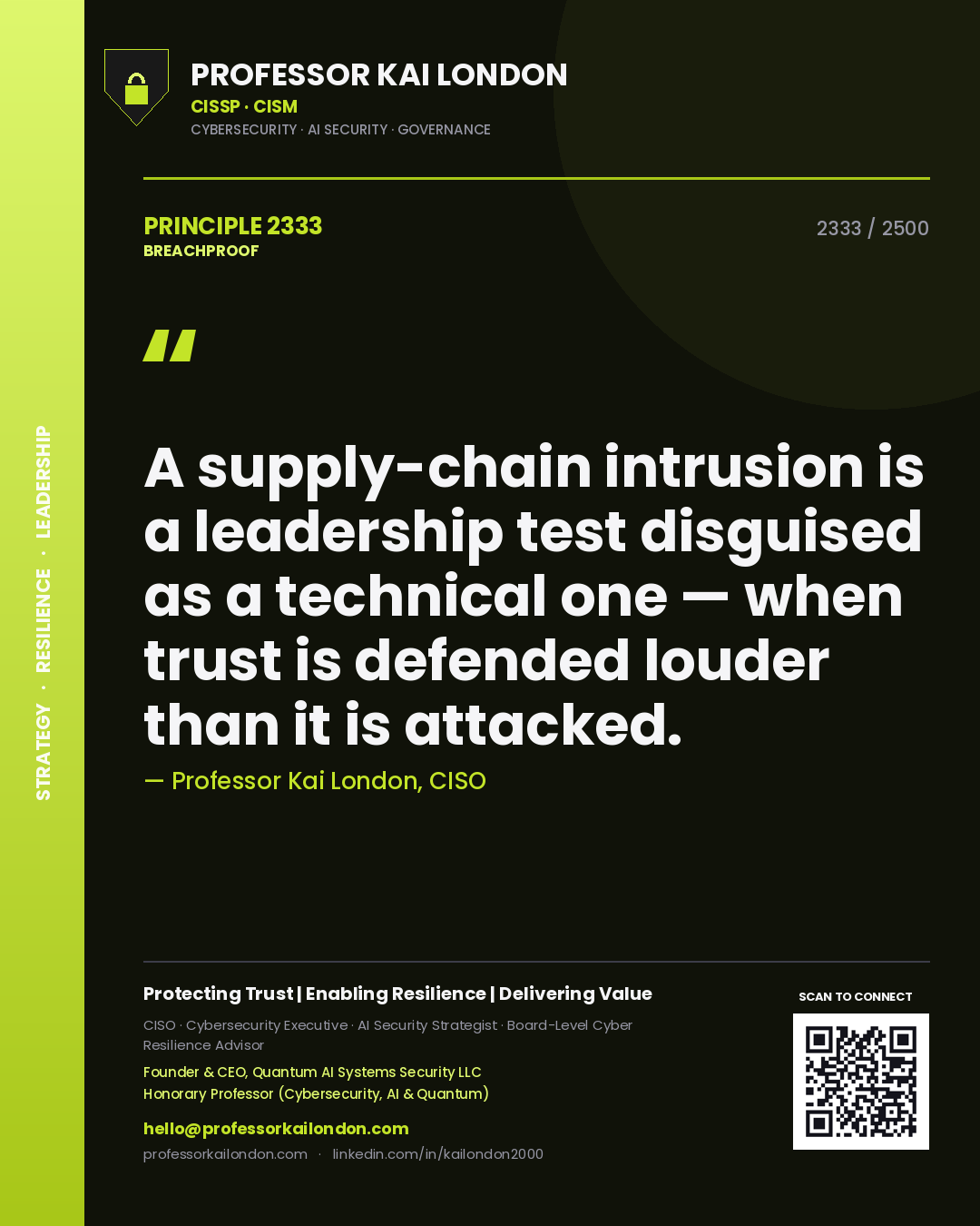 Quote card by Professor Kai London reading 'A supply-chain intrusion is a leadership test disguised as a technical one — when trust is defended louder than it is attacked.'. From the book Breachproof.