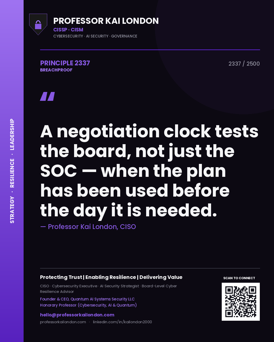 Quote card by Professor Kai London reading 'A negotiation clock tests the board, not just the SOC — when the plan has been used before the day it is needed.'. From the book Breachproof.