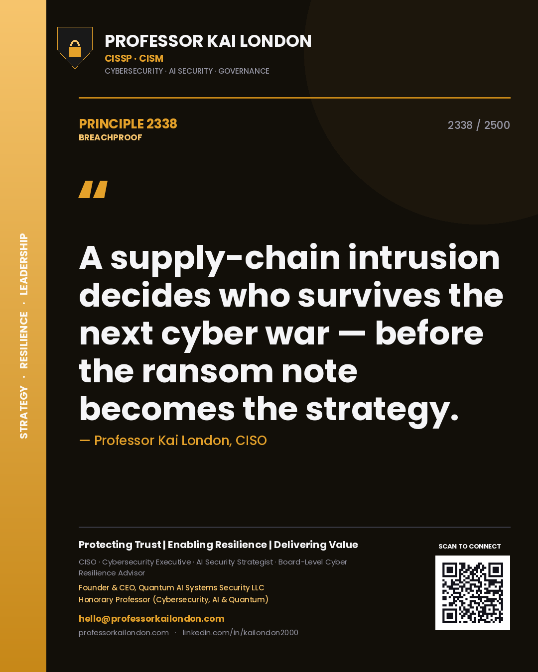 Quote card by Professor Kai London reading 'A supply-chain intrusion decides who survives the next cyber war — before the ransom note becomes the strategy.'. From the book Breachproof.