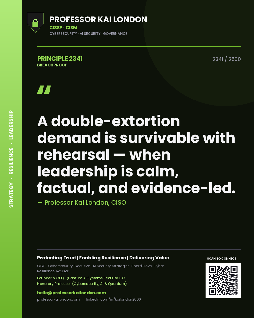 Quote card by Professor Kai London reading 'A double-extortion demand is survivable with rehearsal — when leadership is calm, factual, and evidence-led.'. From the book Breachproof.