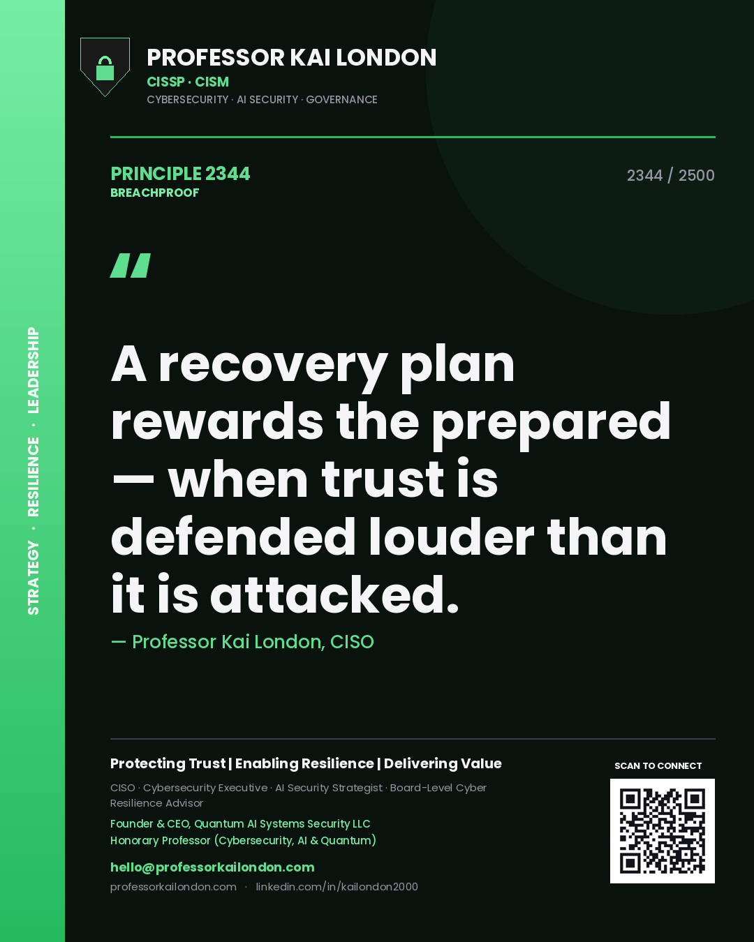 Quote card by Professor Kai London reading 'A recovery plan rewards the prepared — when trust is defended louder than it is attacked.'. From the book Breachproof.