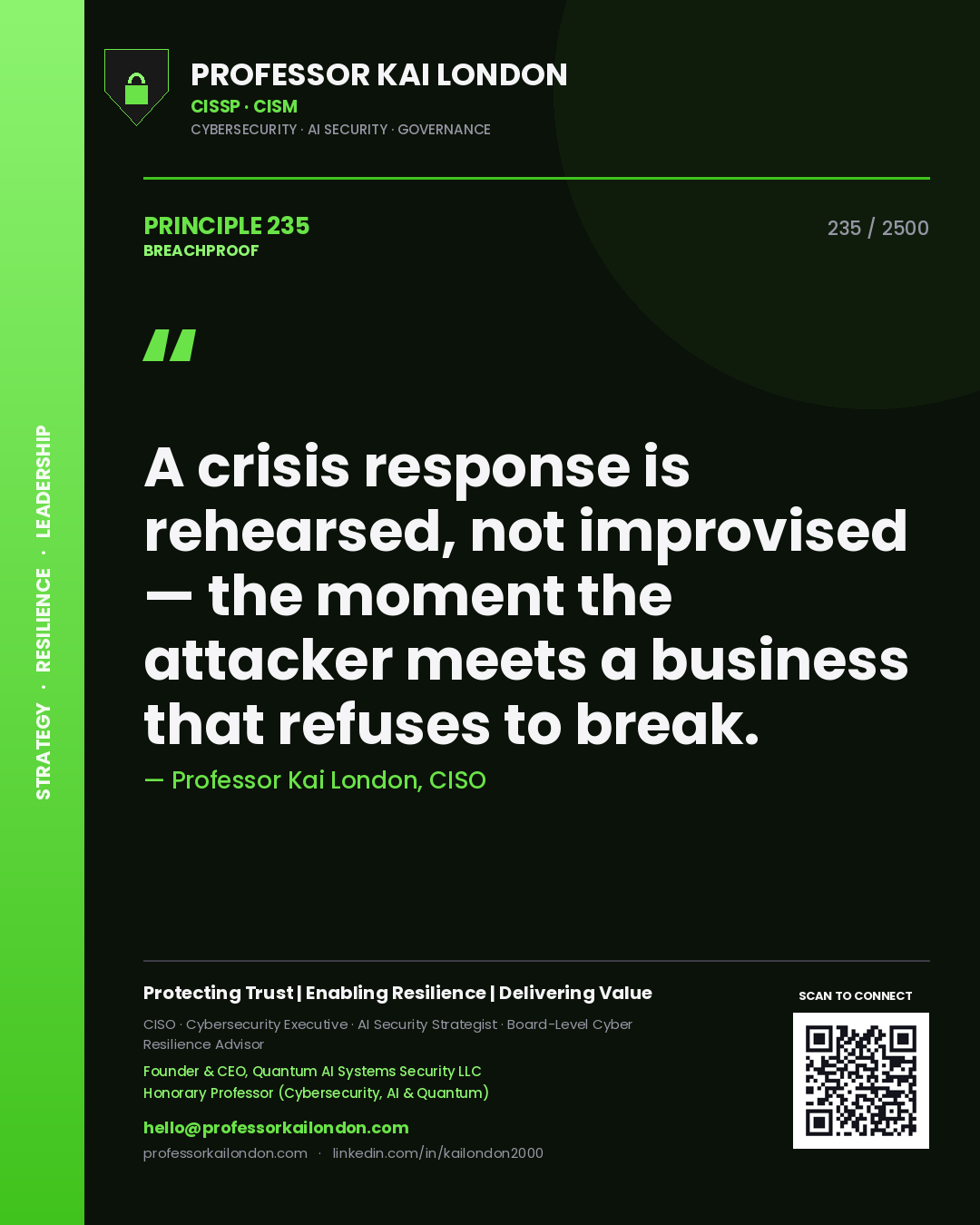 Quote card by Professor Kai London reading 'A crisis response is rehearsed, not improvised — the moment the attacker meets a business that refuses to break.'. From the book Breachproof.