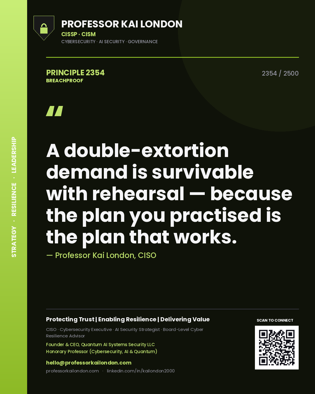 Professor Kai London principle 2354: A double-extortion demand is survivable with rehearsal — because the plan you practised is the plan that works.