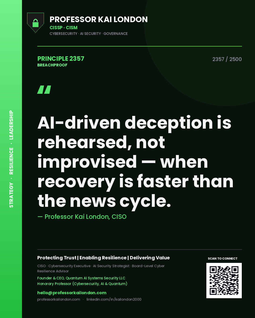 Professor Kai London principle 2357: AI-driven deception is rehearsed, not improvised — when recovery is faster than the news cycle.