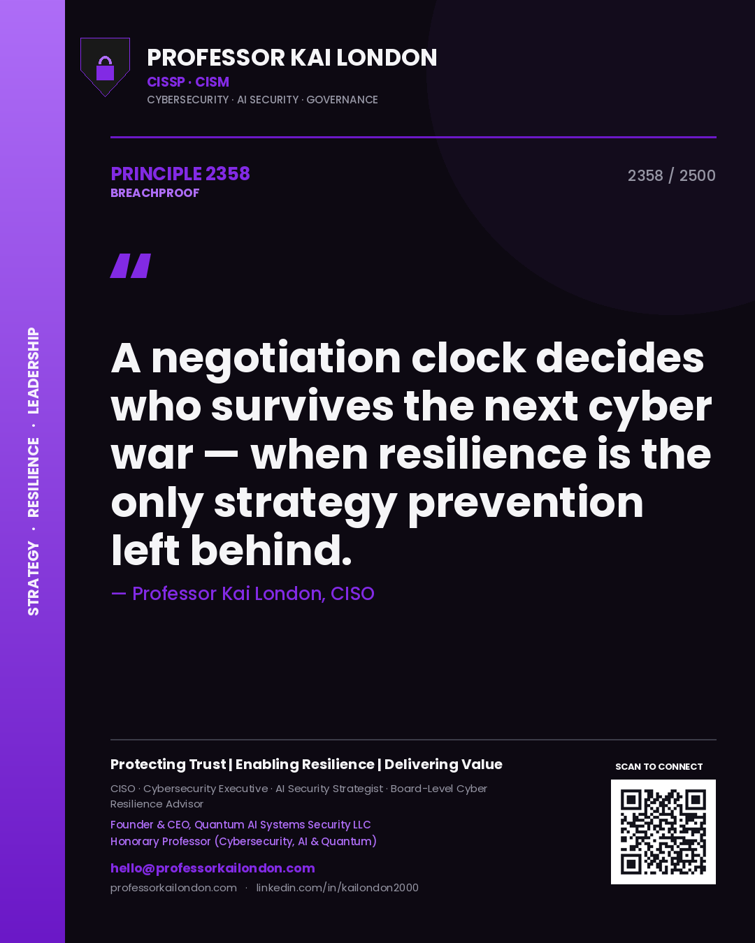 Quote card by Professor Kai London reading 'A negotiation clock decides who survives the next cyber war — when resilience is the only strategy prevention left behind.'. From the book Breachproof.