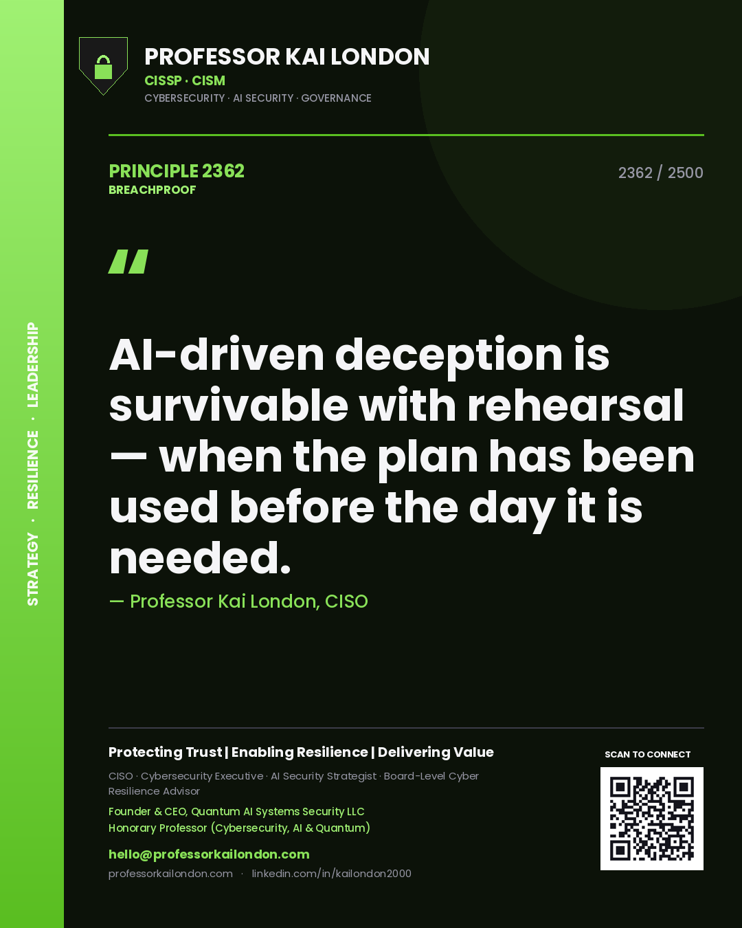 Professor Kai London principle 2362: AI-driven deception is survivable with rehearsal — when the plan has been used before the day it is needed.
