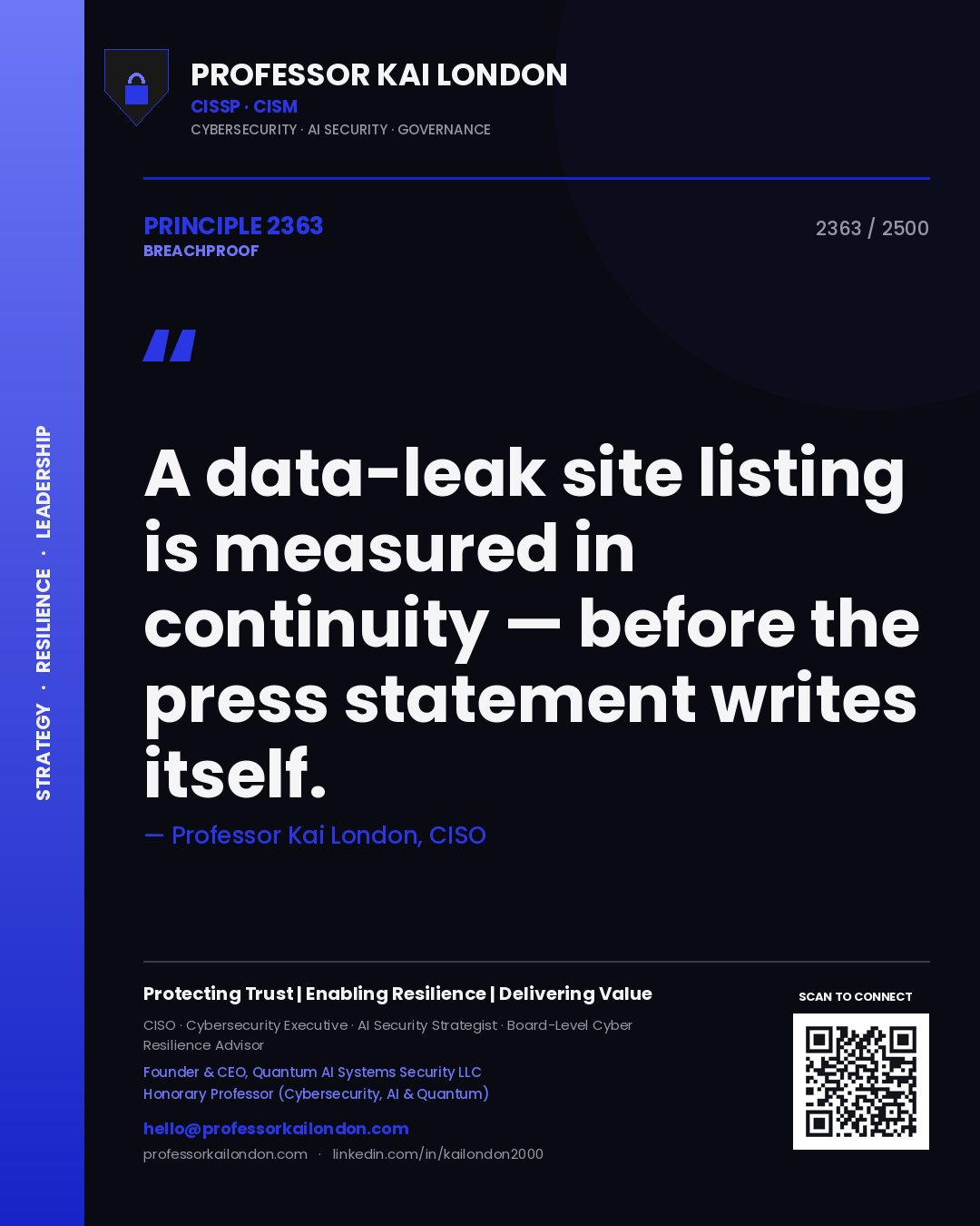 Quote card by Professor Kai London reading 'A data-leak site listing is measured in continuity — before the press statement writes itself.'. From the book Breachproof.