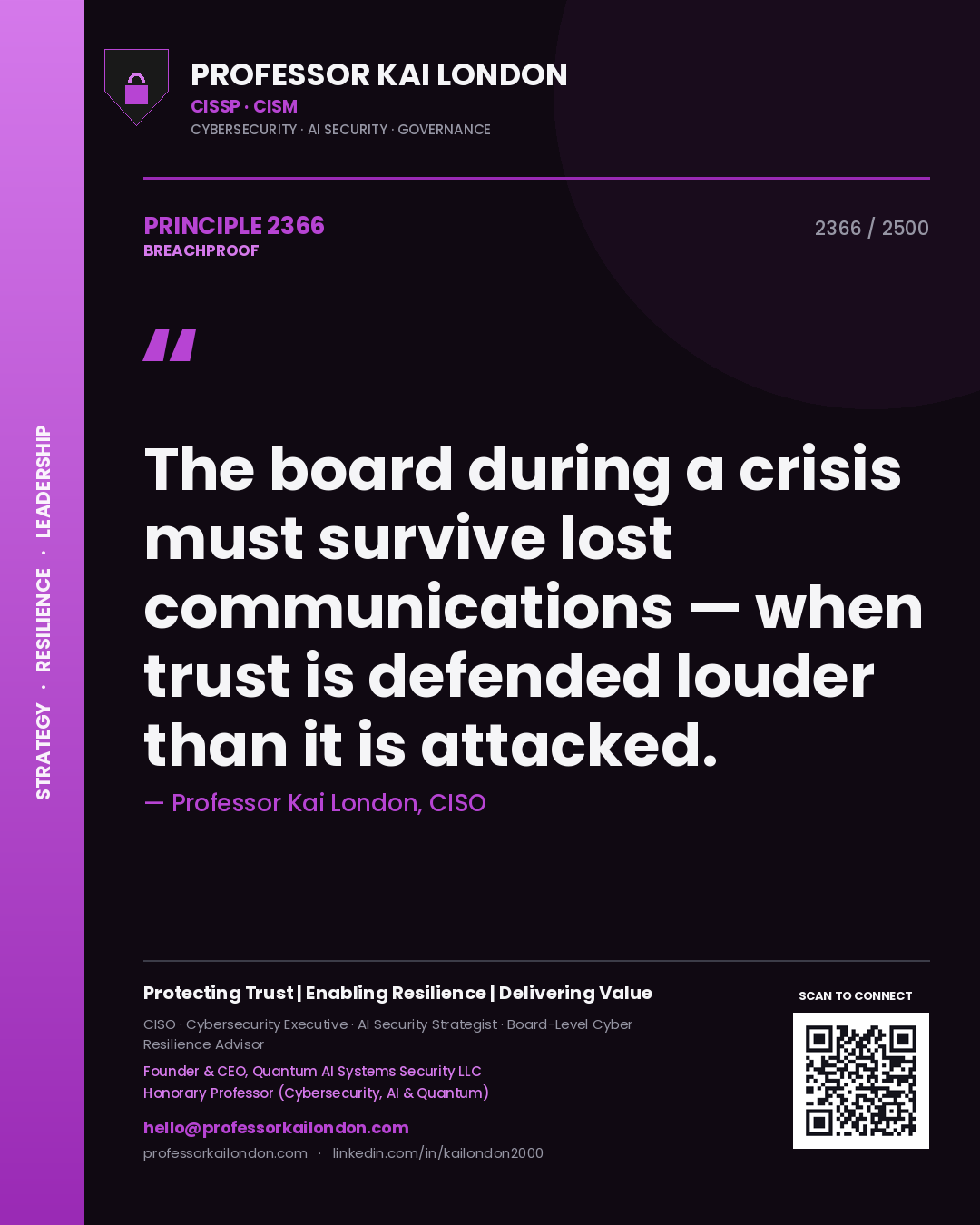 Professor Kai London principle 2366: The board during a crisis must survive lost communications — when trust is defended louder than it is attacked.