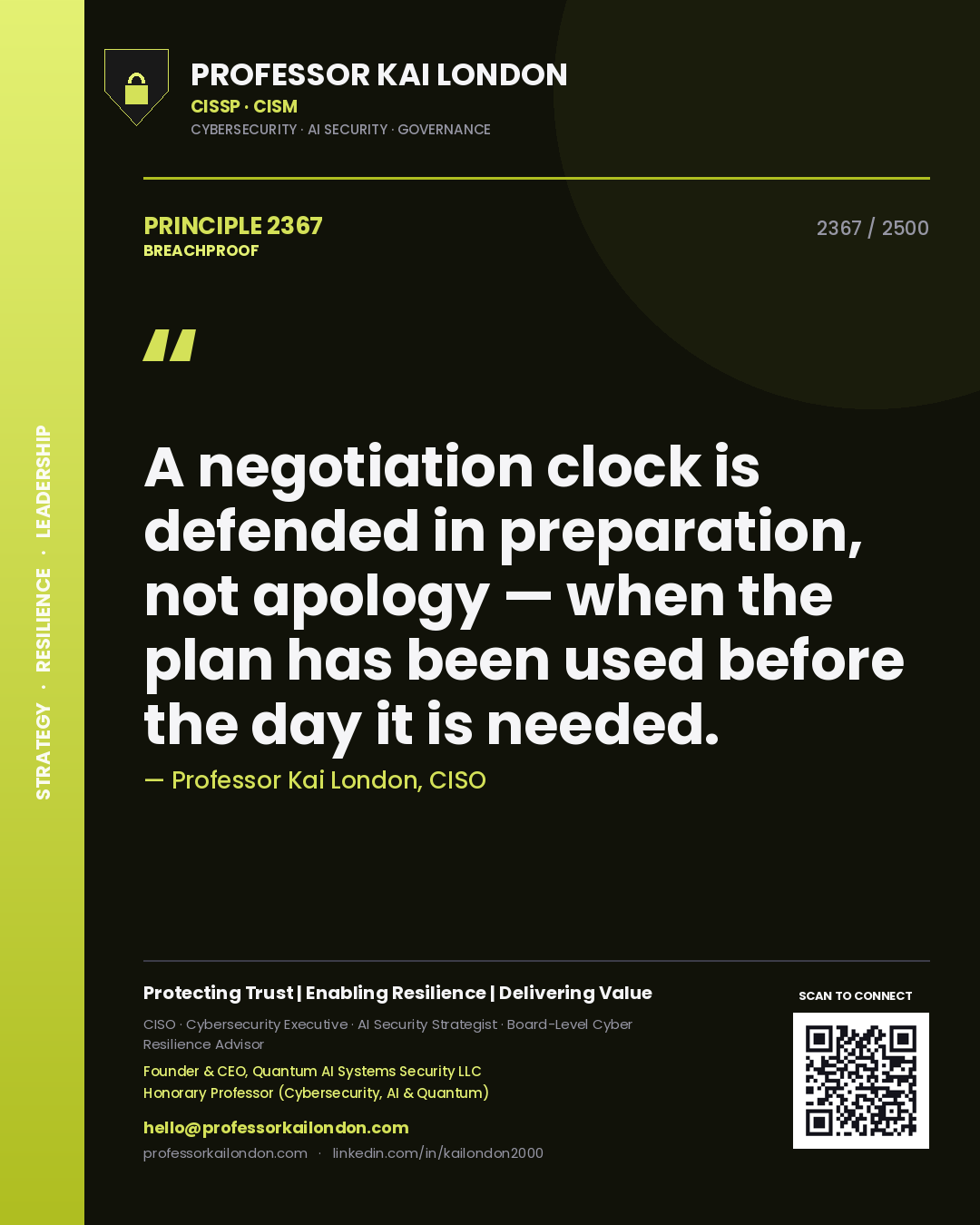 Professor Kai London principle 2367: A negotiation clock is defended in preparation, not apology — when the plan has been used before the day it is needed.