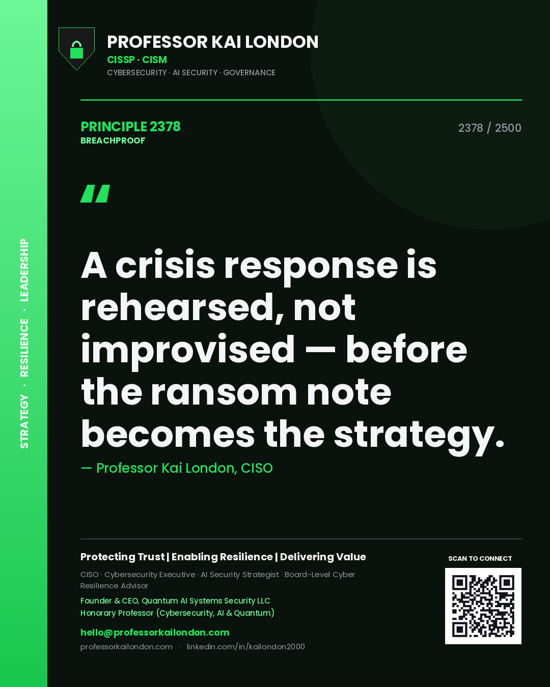 Quote card by Professor Kai London reading 'A crisis response is rehearsed, not improvised — before the ransom note becomes the strategy.'. From the book Breachproof.