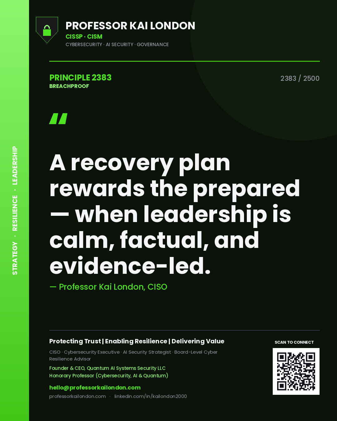 Quote card by Professor Kai London reading 'A recovery plan rewards the prepared — when leadership is calm, factual, and evidence-led.'. From the book Breachproof.