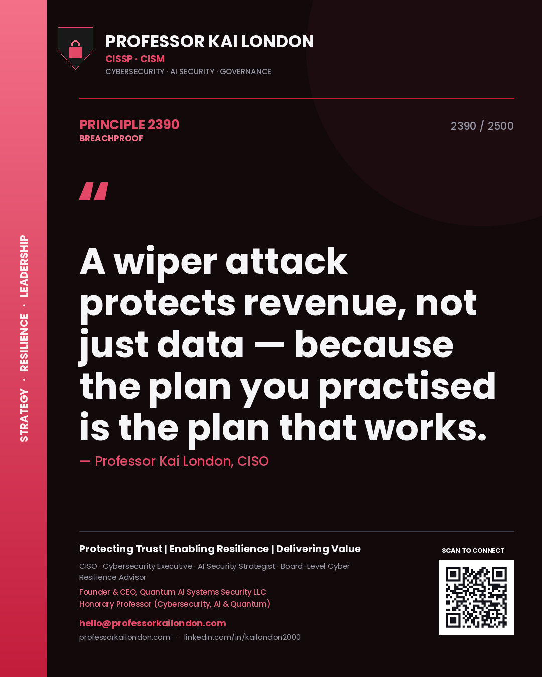 Professor Kai London principle 2390: A wiper attack protects revenue, not just data — because the plan you practised is the plan that works.