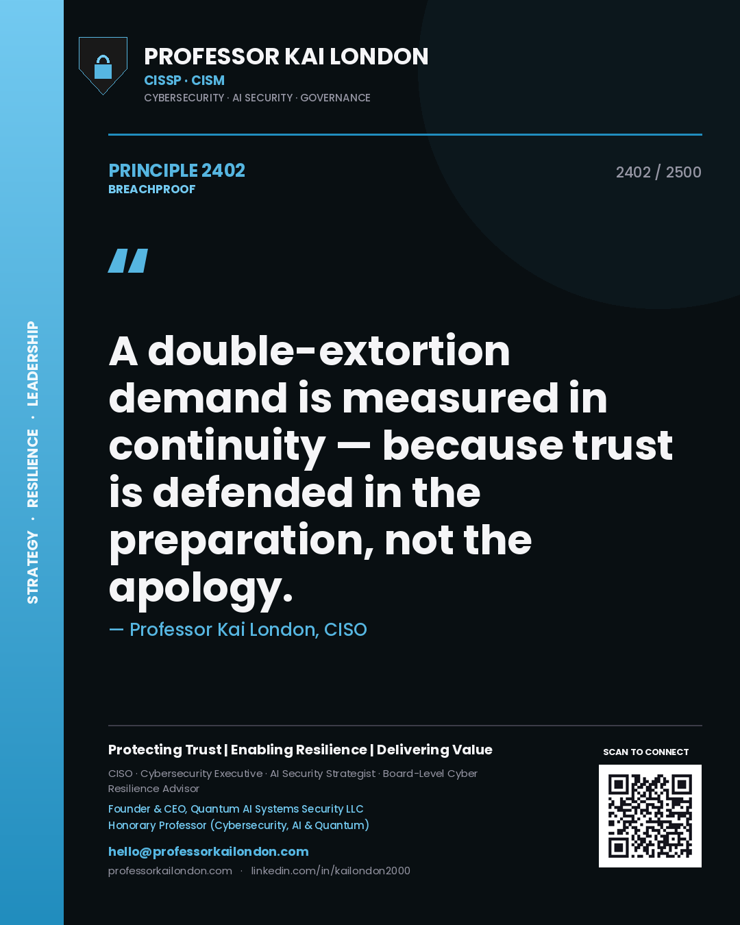 Quote card by Professor Kai London reading 'A double-extortion demand is measured in continuity — because trust is defended in the preparation, not the apology.'. From the book Breachproof.