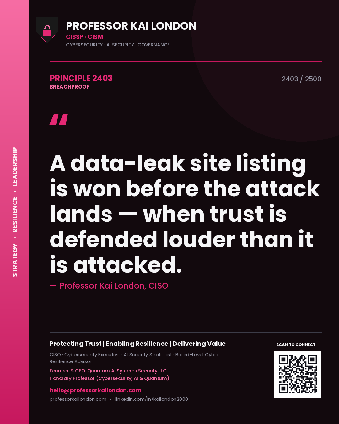 Quote card by Professor Kai London reading 'A data-leak site listing is won before the attack lands — when trust is defended louder than it is attacked.'. From the book Breachproof.