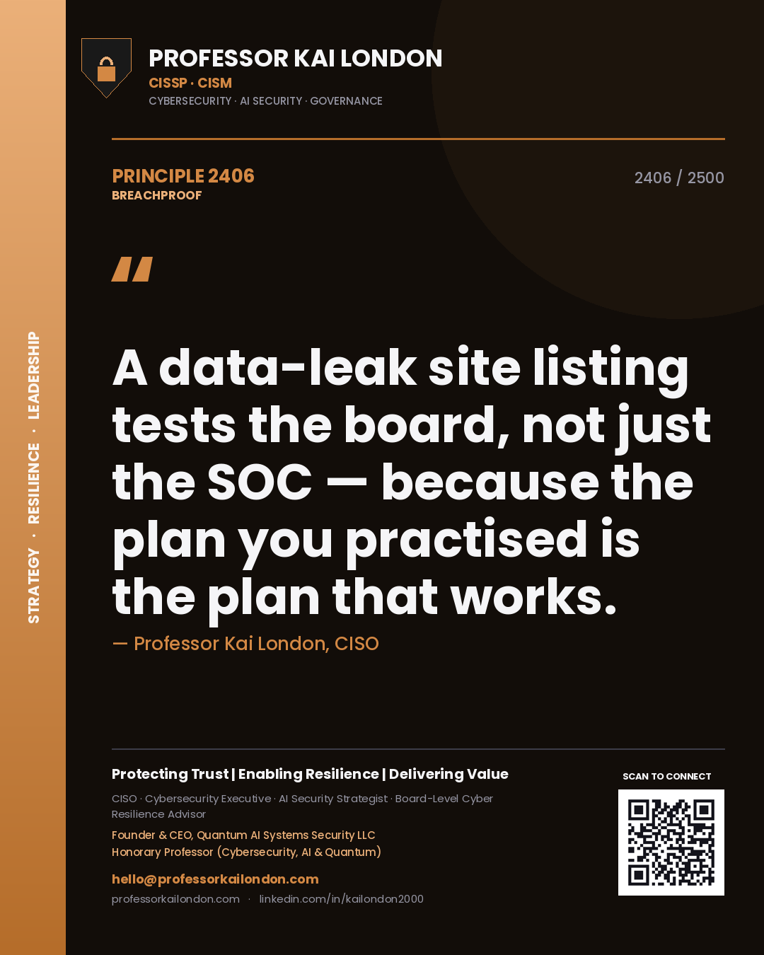 Quote card by Professor Kai London reading 'A data-leak site listing tests the board, not just the SOC — because the plan you practised is the plan that works.'. From the book Breachproof.