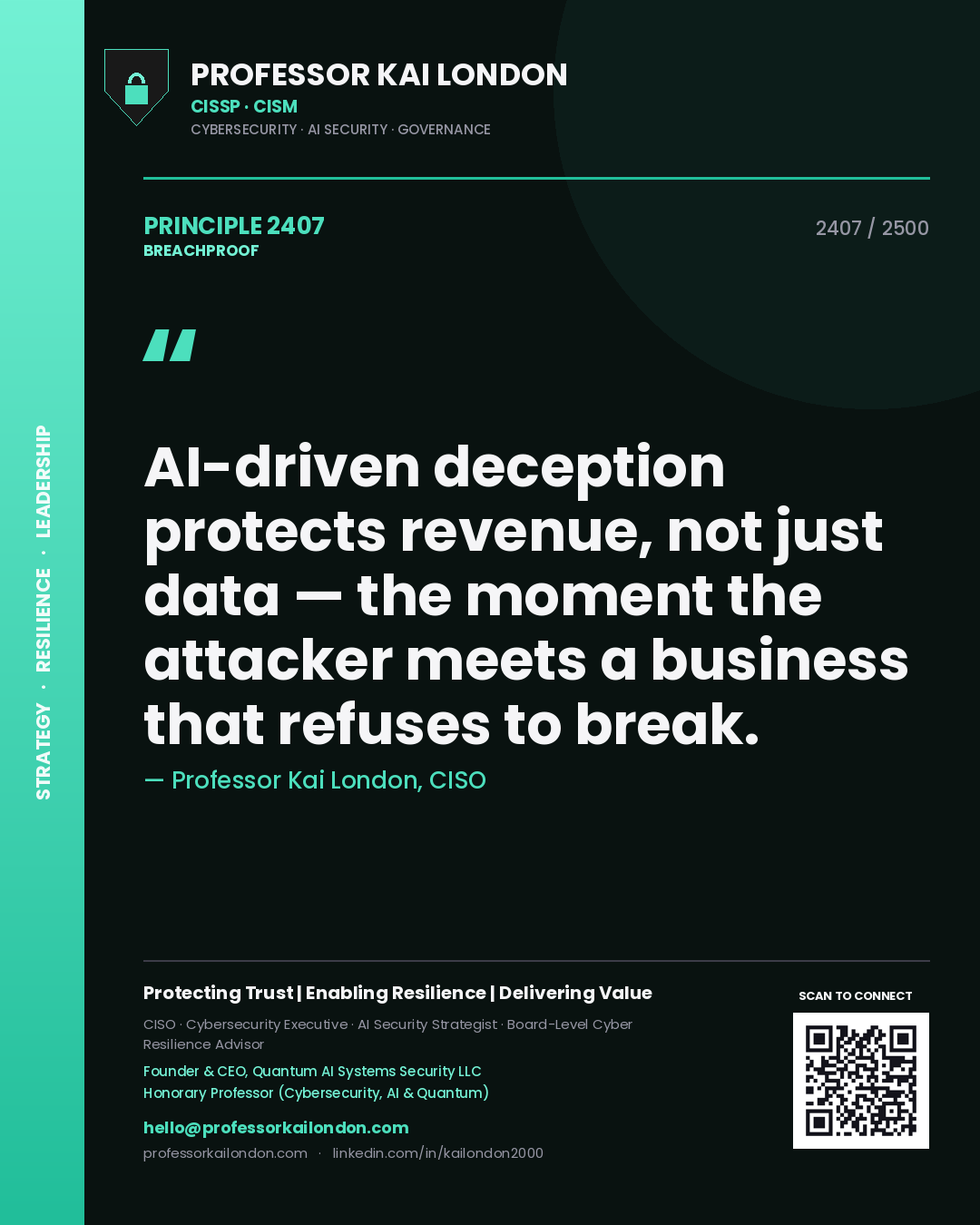 Quote card by Professor Kai London reading 'AI-driven deception protects revenue, not just data — the moment the attacker meets a business that refuses to break.'. From the book Breachproof.