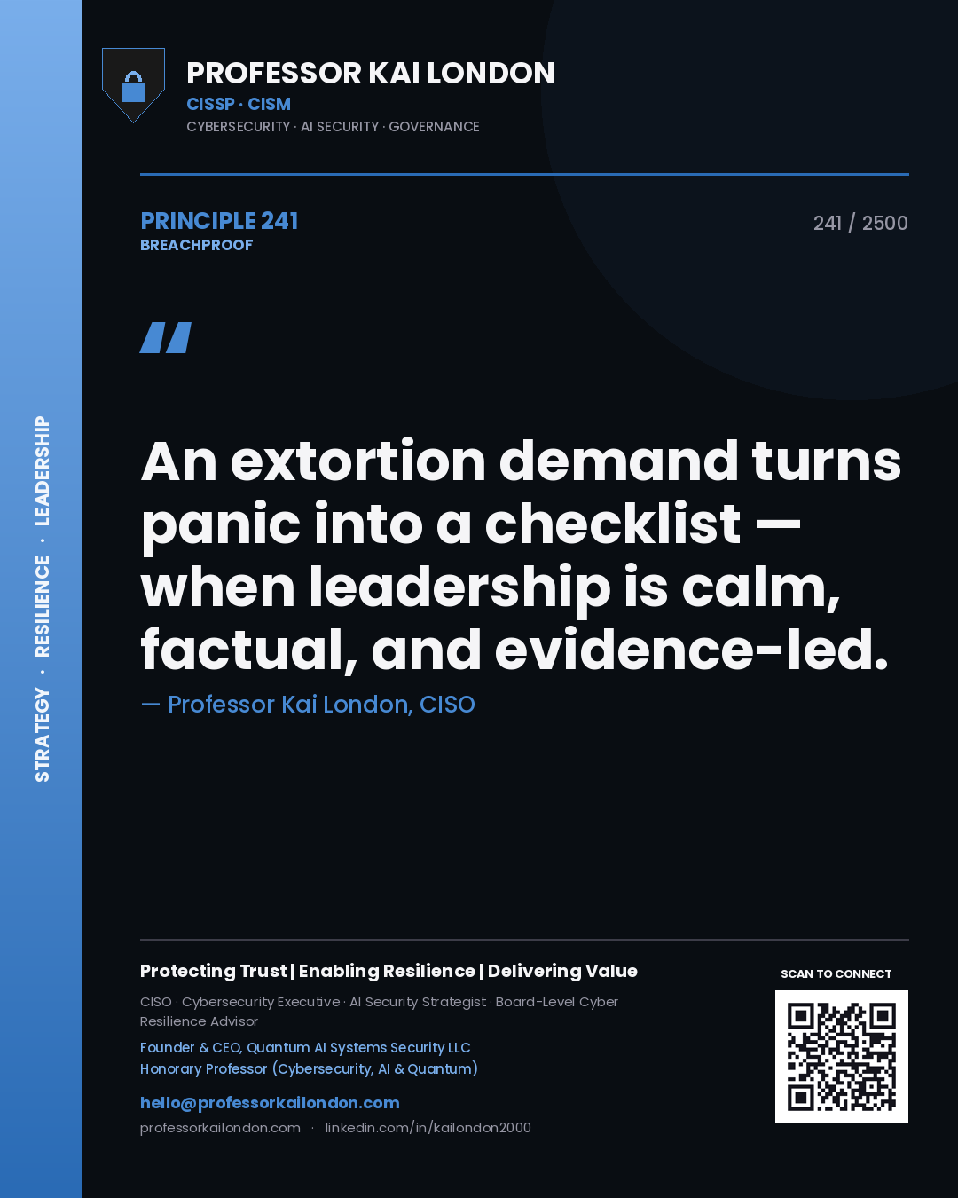 Quote card by Professor Kai London reading 'An extortion demand turns panic into a checklist — when leadership is calm, factual, and evidence-led.'. From the book Breachproof.