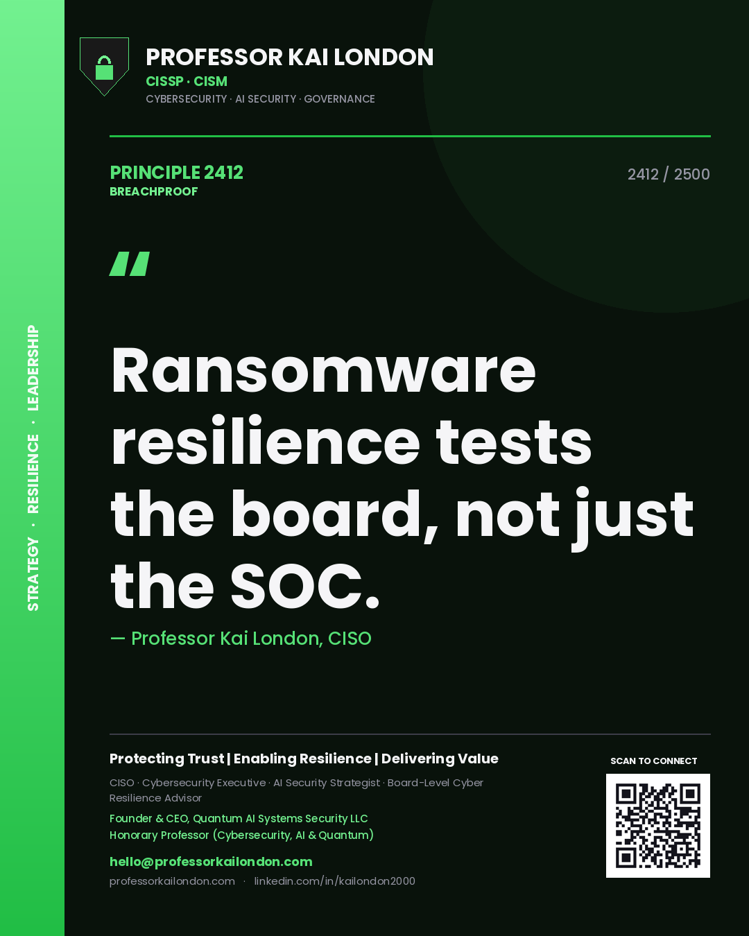 Quote card by Professor Kai London reading 'Ransomware resilience tests the board, not just the SOC.'. From the book Breachproof.
