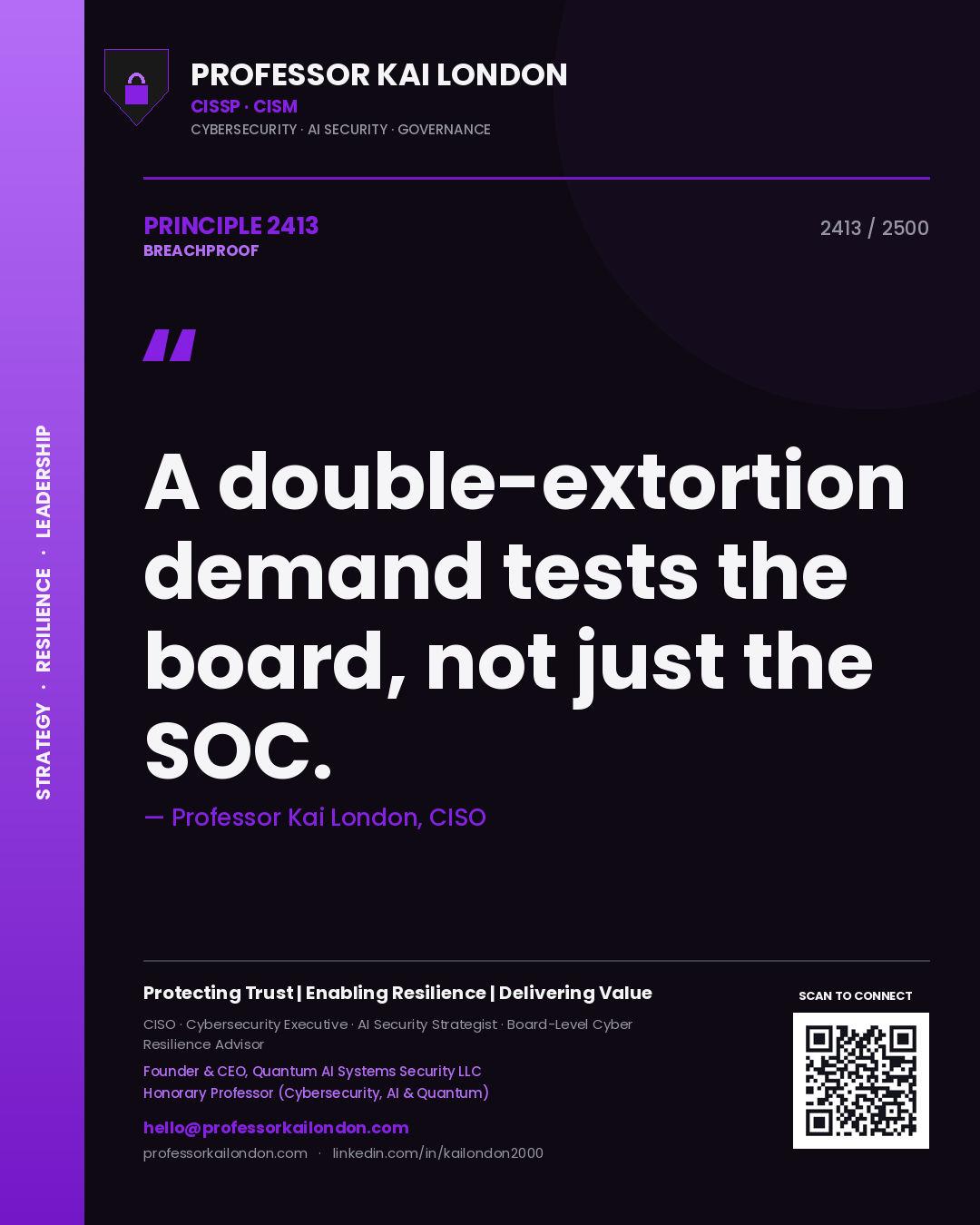 Quote card by Professor Kai London reading 'A double-extortion demand tests the board, not just the SOC.'. From the book Breachproof.