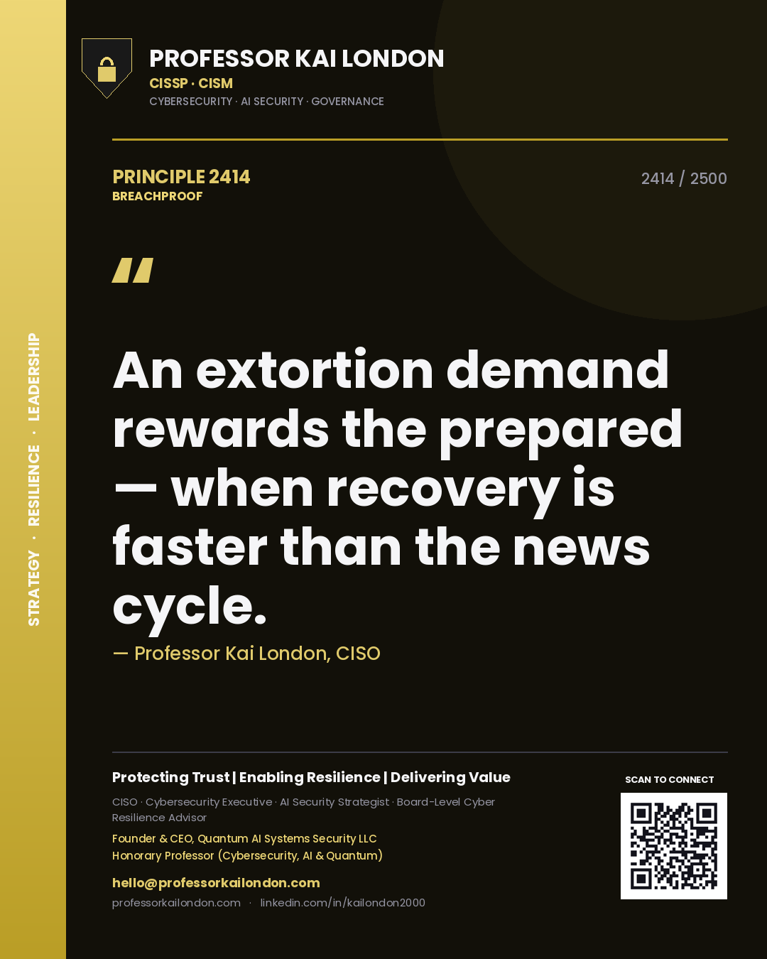Quote card by Professor Kai London reading 'An extortion demand rewards the prepared — when recovery is faster than the news cycle.'. From the book Breachproof.