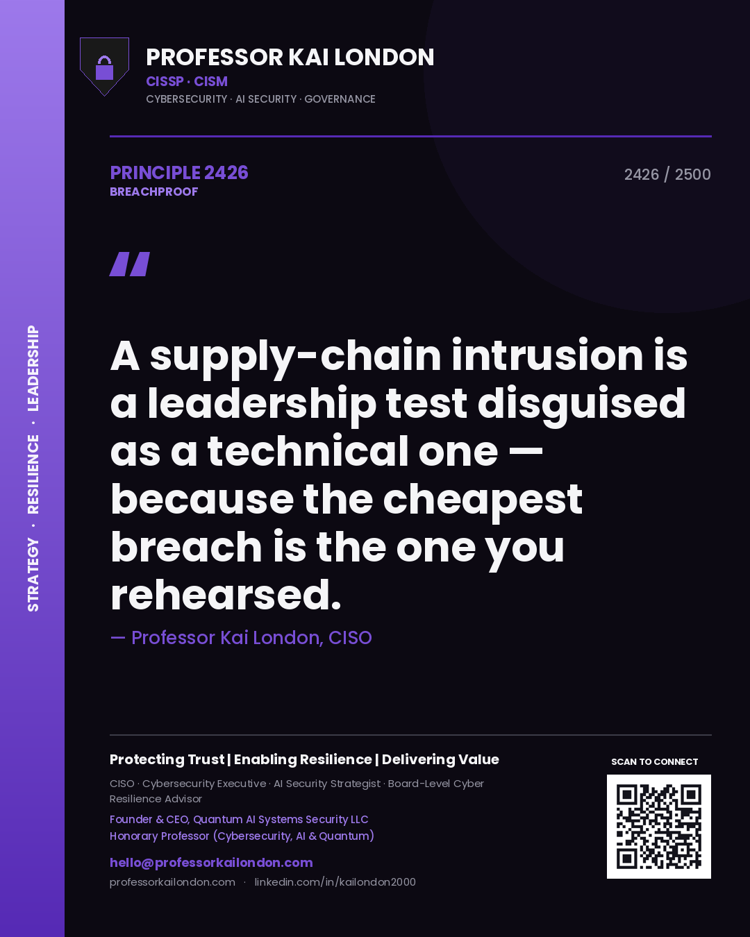 Quote card by Professor Kai London reading 'A supply-chain intrusion is a leadership test disguised as a technical one — because the cheapest breach is the one you rehearsed.'. From the book Breachproof.