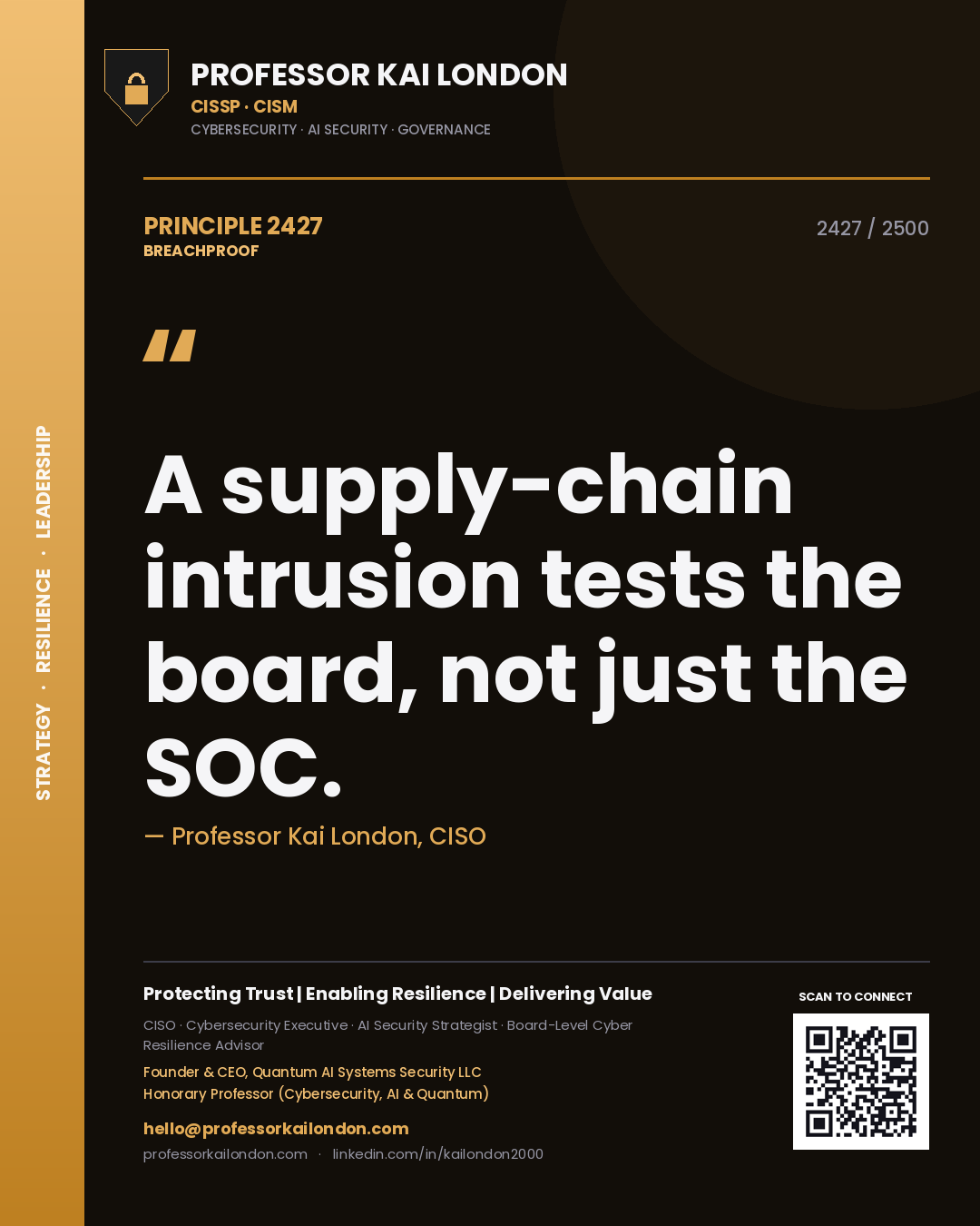 Quote card by Professor Kai London reading 'A supply-chain intrusion tests the board, not just the SOC.'. From the book Breachproof.