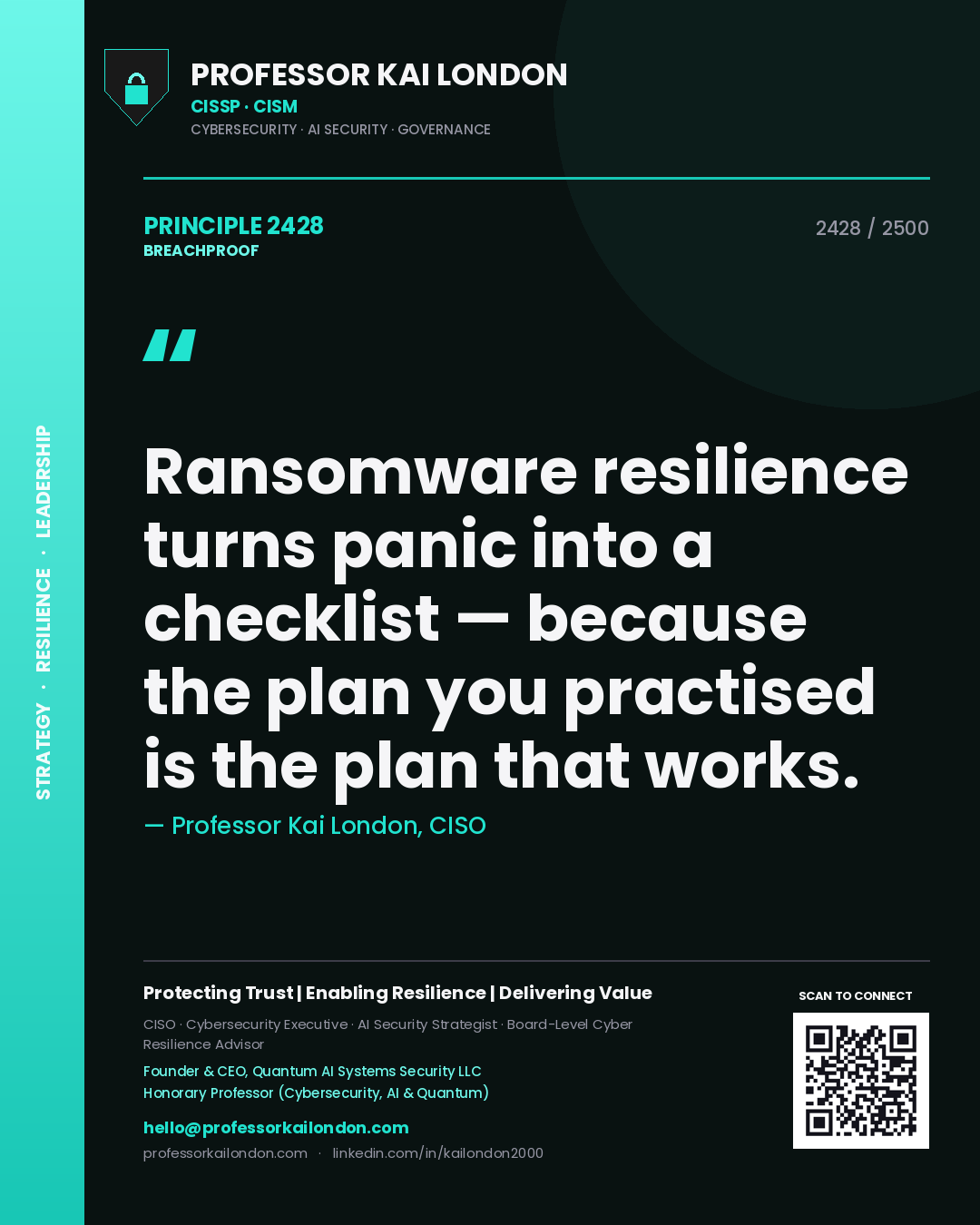 Quote card by Professor Kai London reading 'Ransomware resilience turns panic into a checklist — because the plan you practised is the plan that works.'. From the book Breachproof.