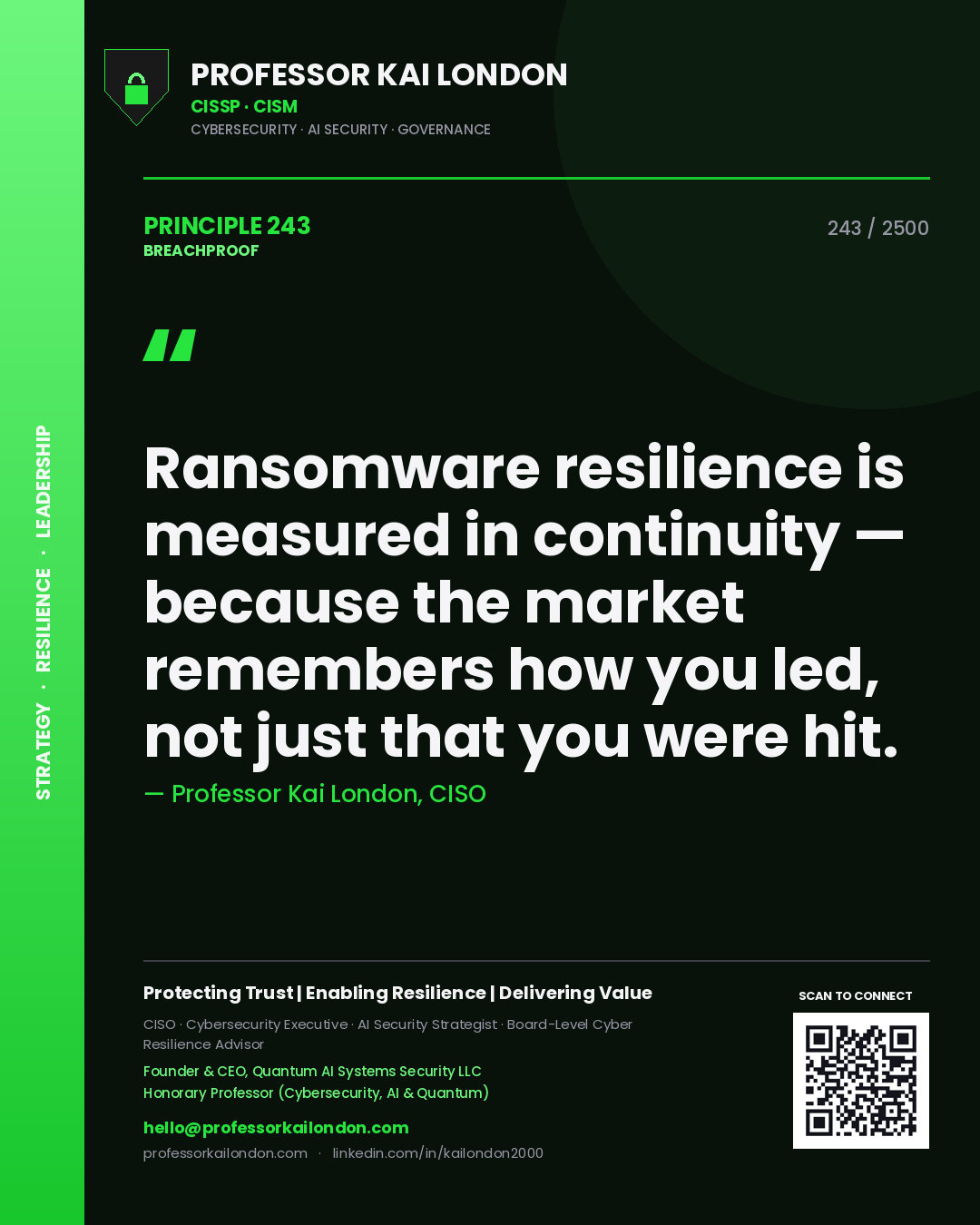 Professor Kai London principle 243: Ransomware resilience is measured in continuity — because the market remembers how you led, not just that you were hit.