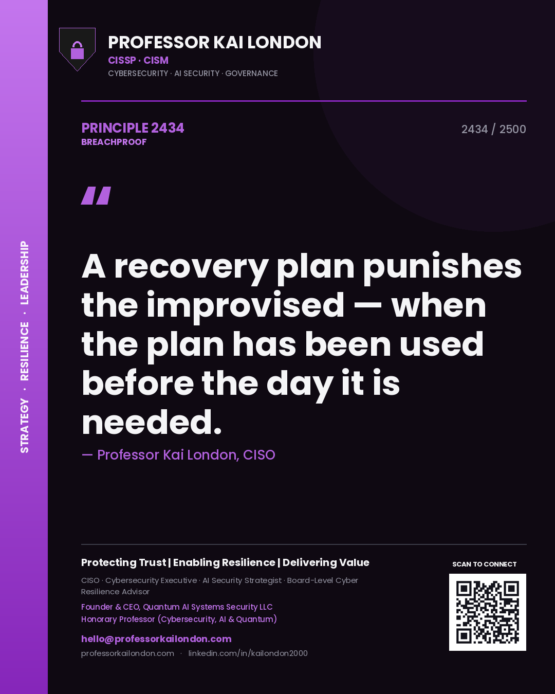 Professor Kai London principle 2434: A recovery plan punishes the improvised — when the plan has been used before the day it is needed.