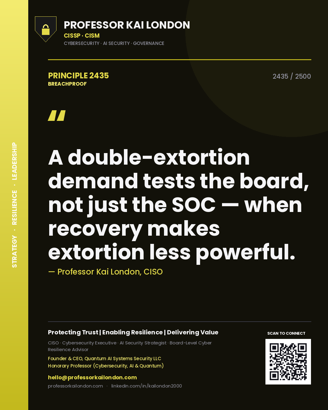 Quote card by Professor Kai London reading 'A double-extortion demand tests the board, not just the SOC — when recovery makes extortion less powerful.'. From the book Breachproof.