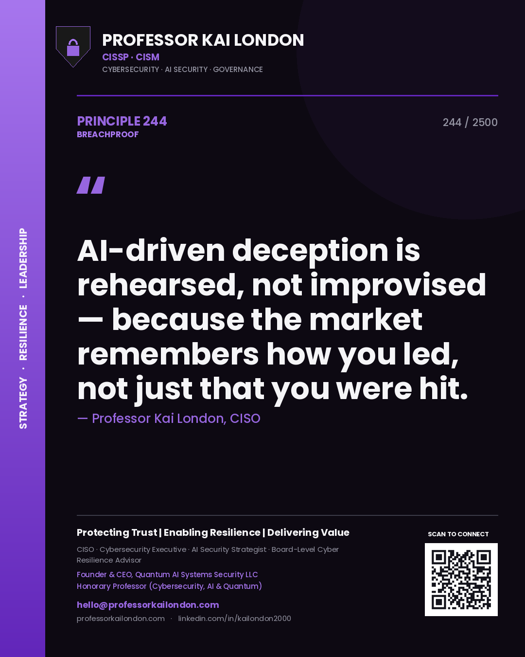 Quote card by Professor Kai London reading 'AI-driven deception is rehearsed, not improvised — because the market remembers how you led, not just that you were hit.'. From the book Breachproof.