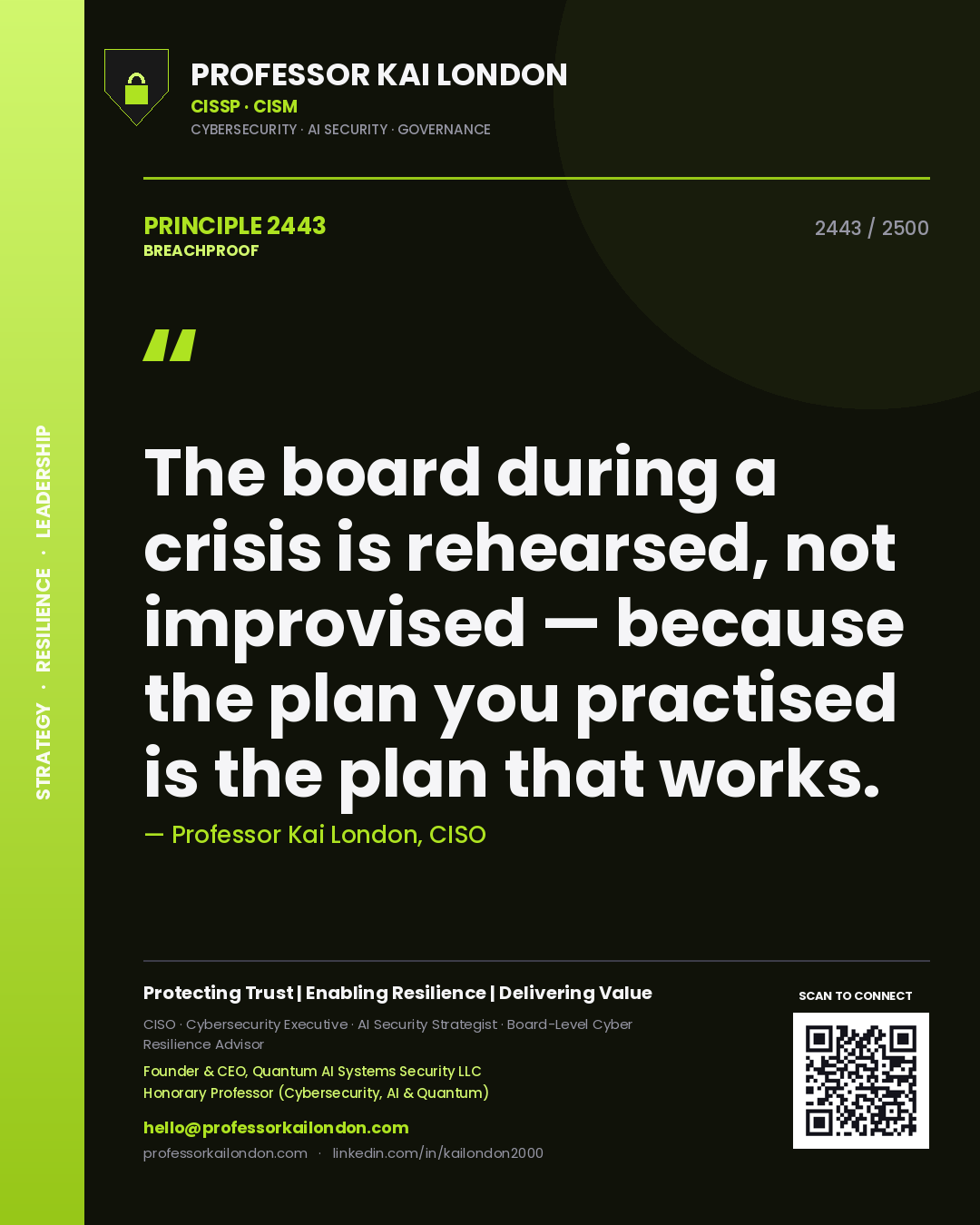 Quote card by Professor Kai London reading 'The board during a crisis is rehearsed, not improvised — because the plan you practised is the plan that works.'. From the book Breachproof.