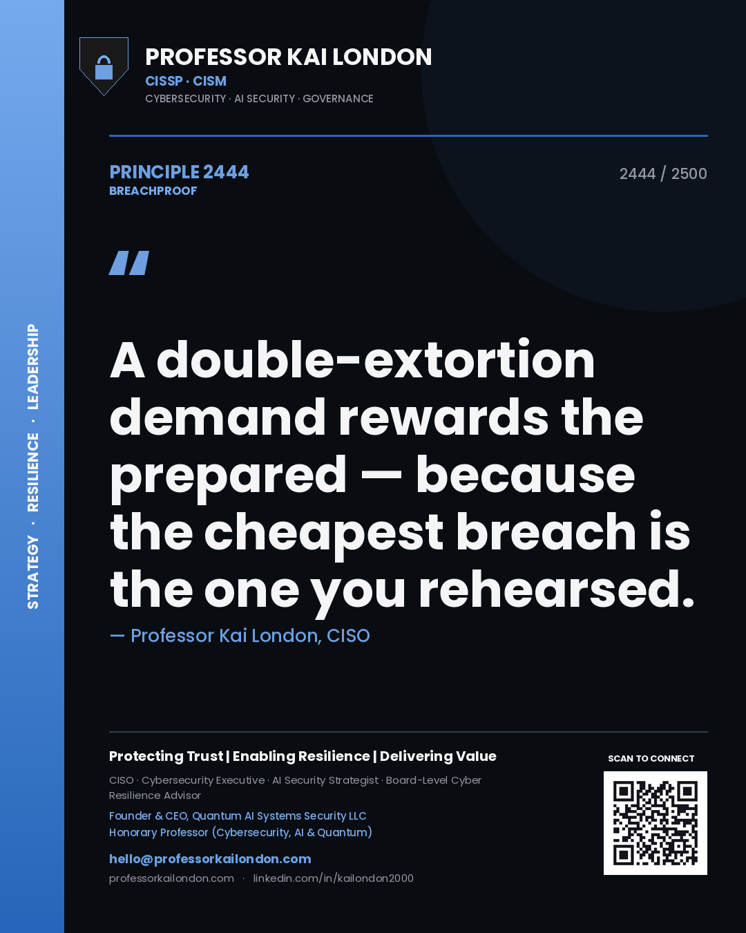 Quote card by Professor Kai London reading 'A double-extortion demand rewards the prepared — because the cheapest breach is the one you rehearsed.'. From the book Breachproof.