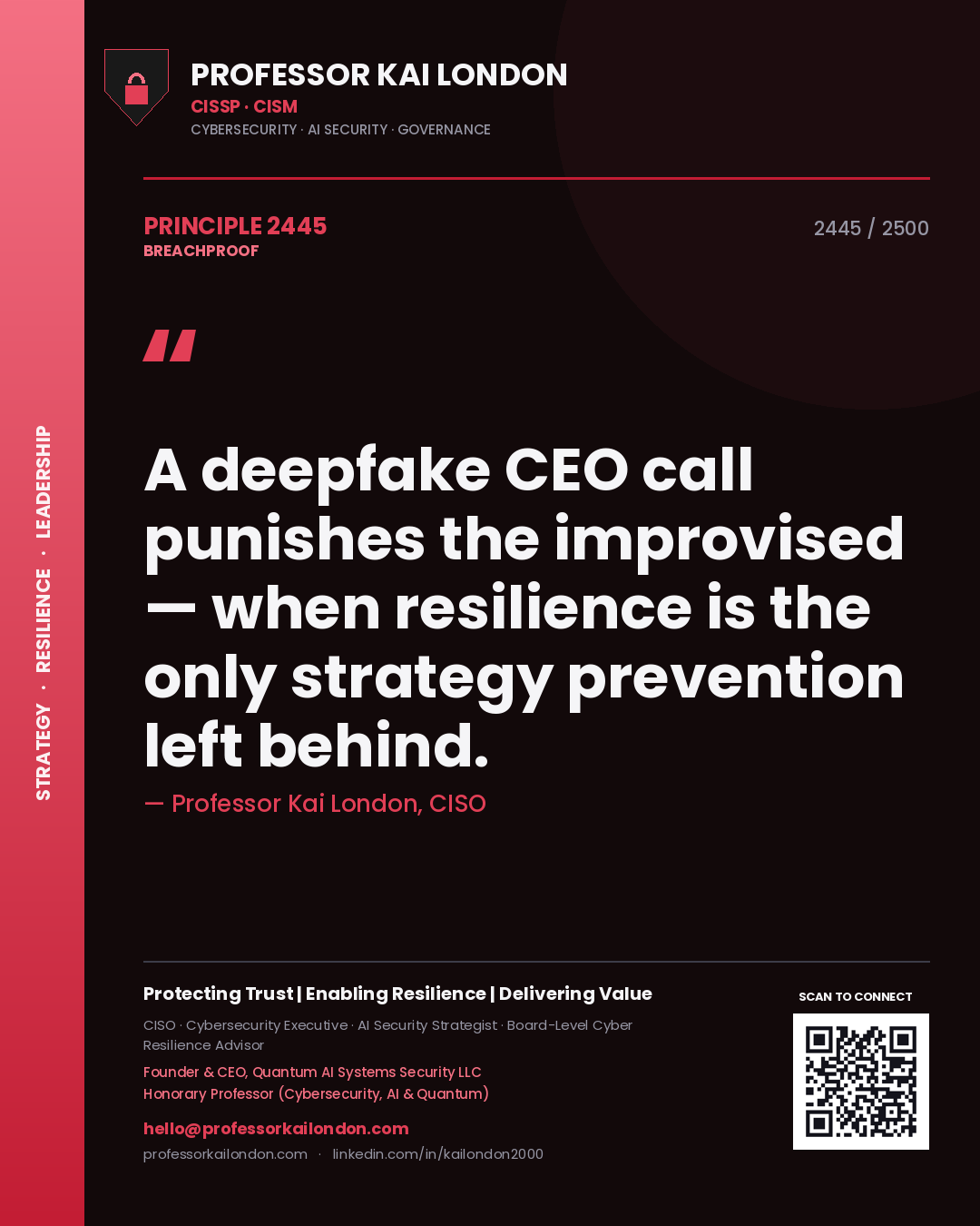 Quote card by Professor Kai London reading 'A deepfake CEO call punishes the improvised — when resilience is the only strategy prevention left behind.'. From the book Breachproof.