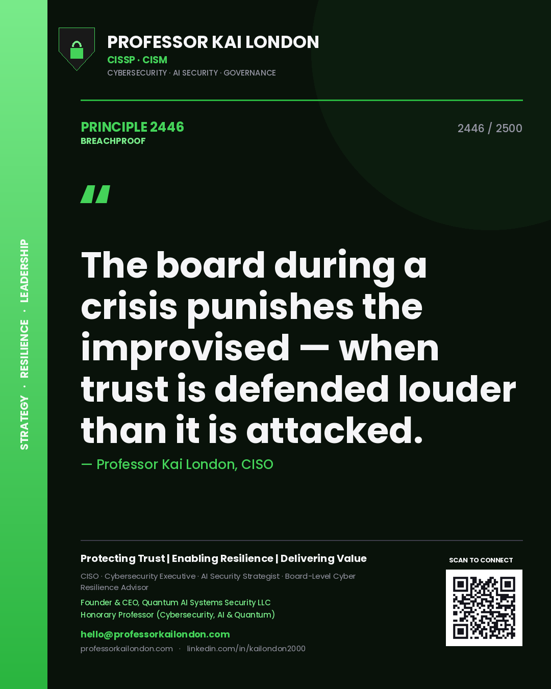 Quote card by Professor Kai London reading 'The board during a crisis punishes the improvised — when trust is defended louder than it is attacked.'. From the book Breachproof.