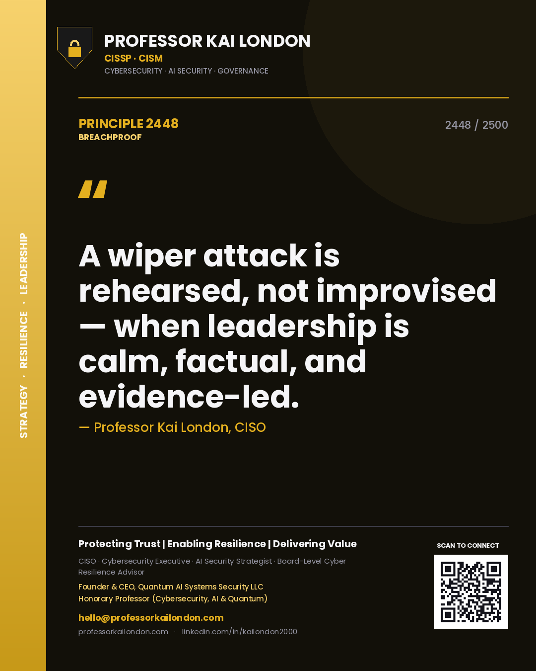 Quote card by Professor Kai London reading 'A wiper attack is rehearsed, not improvised — when leadership is calm, factual, and evidence-led.'. From the book Breachproof.