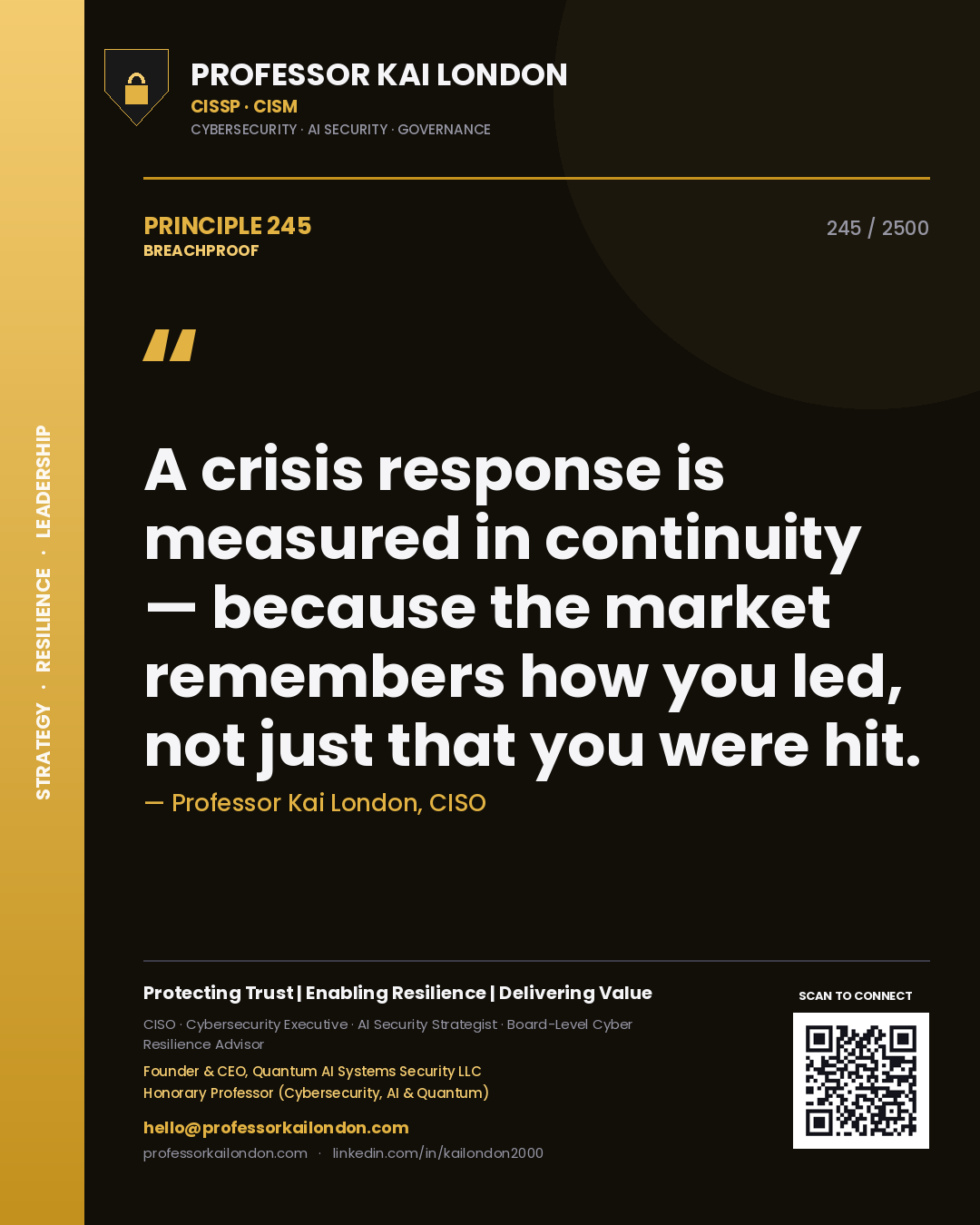 Quote card by Professor Kai London reading 'A crisis response is measured in continuity — because the market remembers how you led, not just that you were hit.'. From the book Breachproof.