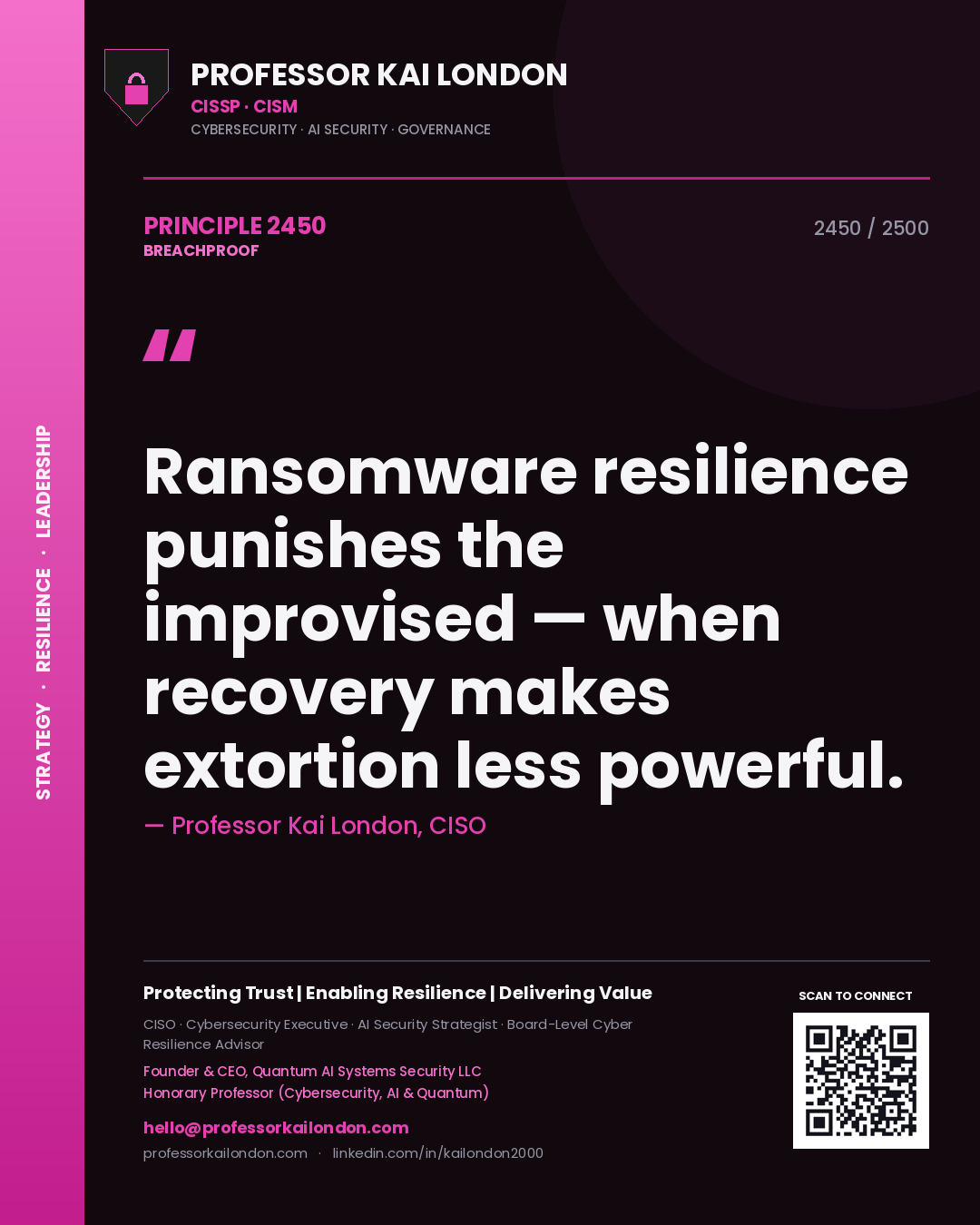 Quote card by Professor Kai London reading 'Ransomware resilience punishes the improvised — when recovery makes extortion less powerful.'. From the book Breachproof.