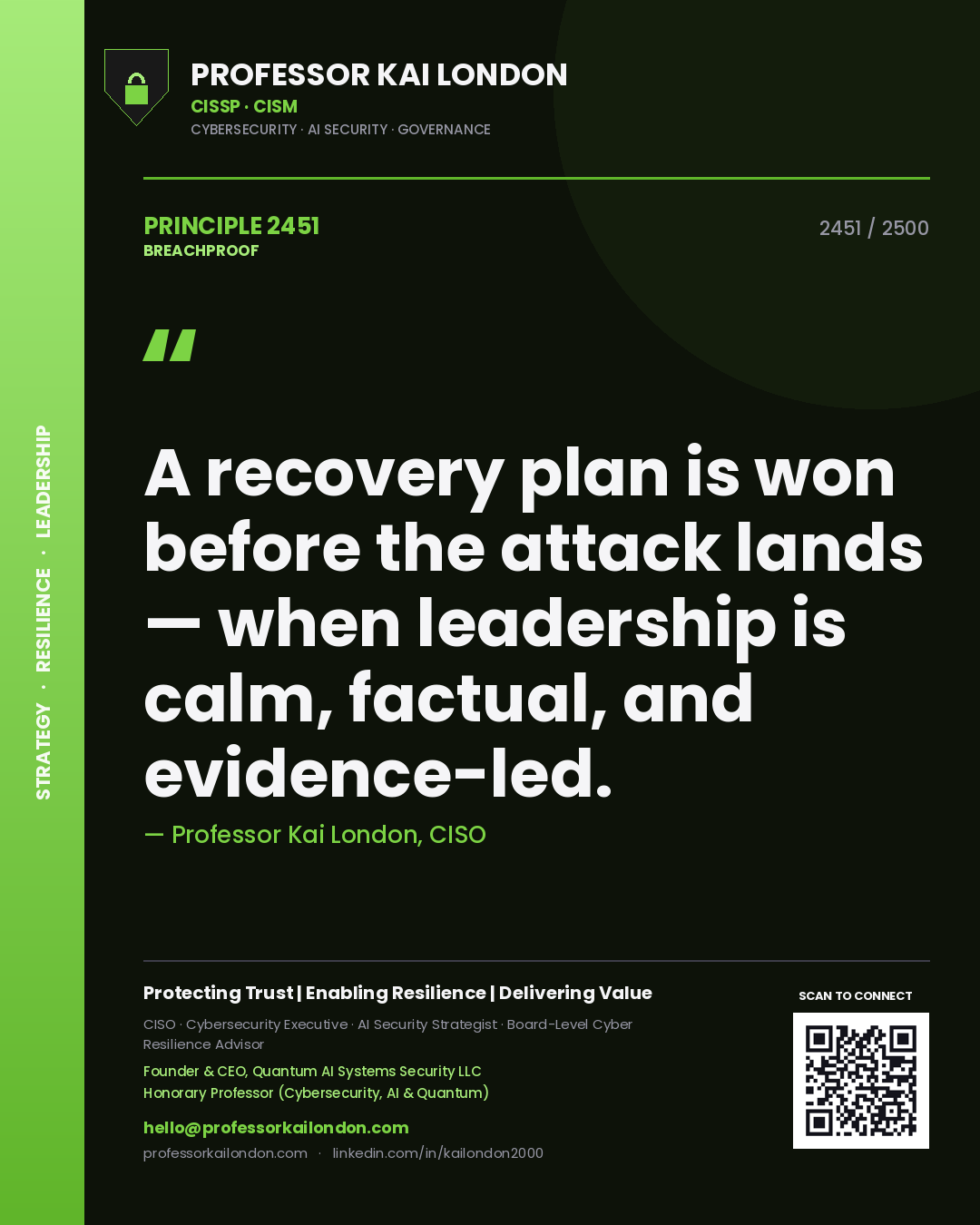 Quote card by Professor Kai London reading 'A recovery plan is won before the attack lands — when leadership is calm, factual, and evidence-led.'. From the book Breachproof.