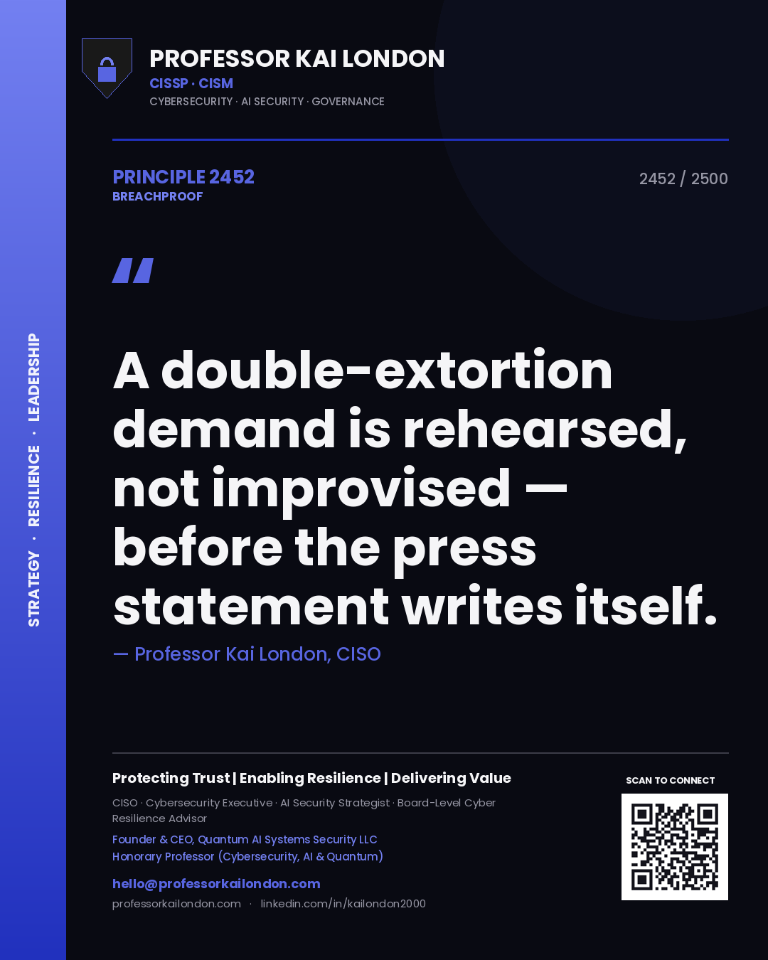 Quote card by Professor Kai London reading 'A double-extortion demand is rehearsed, not improvised — before the press statement writes itself.'. From the book Breachproof.