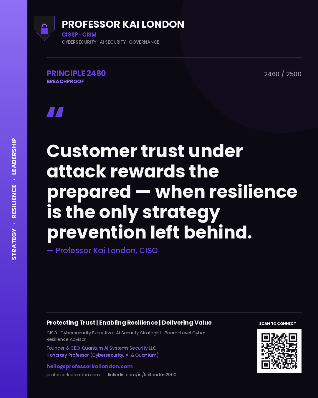 Quote card by Professor Kai London reading 'Customer trust under attack rewards the prepared — when resilience is the only strategy prevention left behind.'. From the book Breachproof.